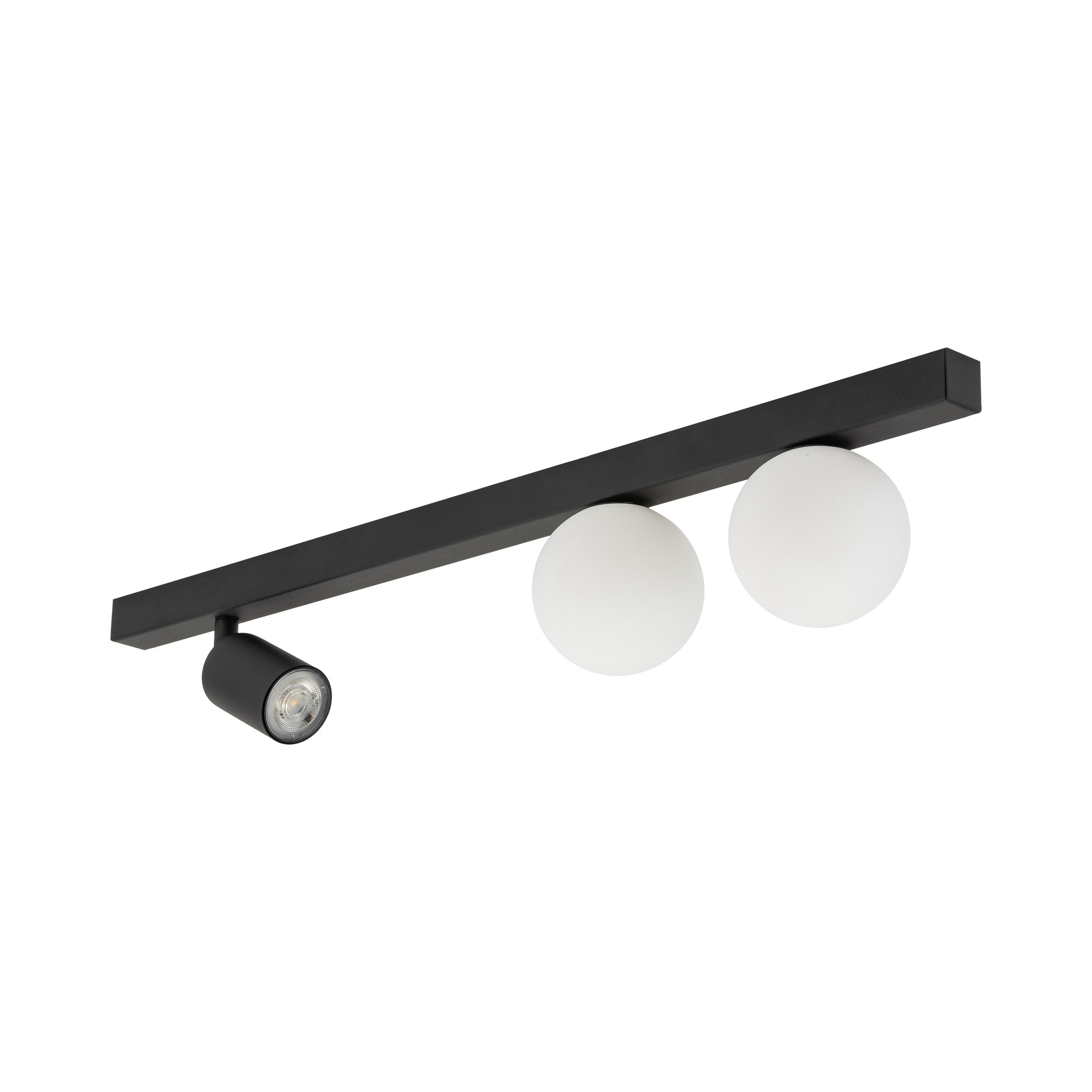 Lampa sufitowa VOX czarna na listwie z białymi okrągłymi szklanymi kloszami oraz jedną regulowaną lampką 70x15cm - TK_10001