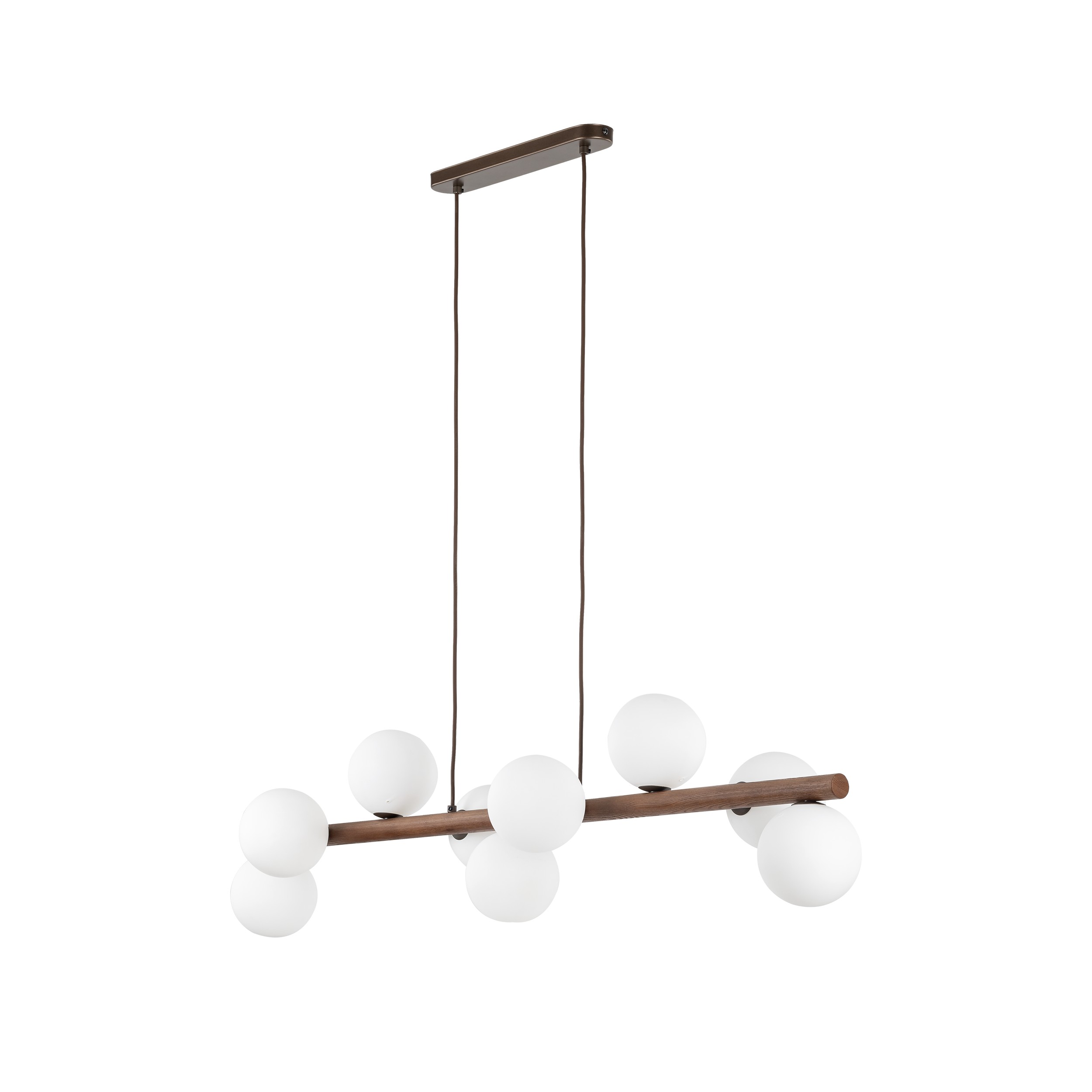 Lampa wisząca ESTERA ciemny orzech drewniana na listwie z białymi okrągłymi szklanymi kloszami 125x117x25cm