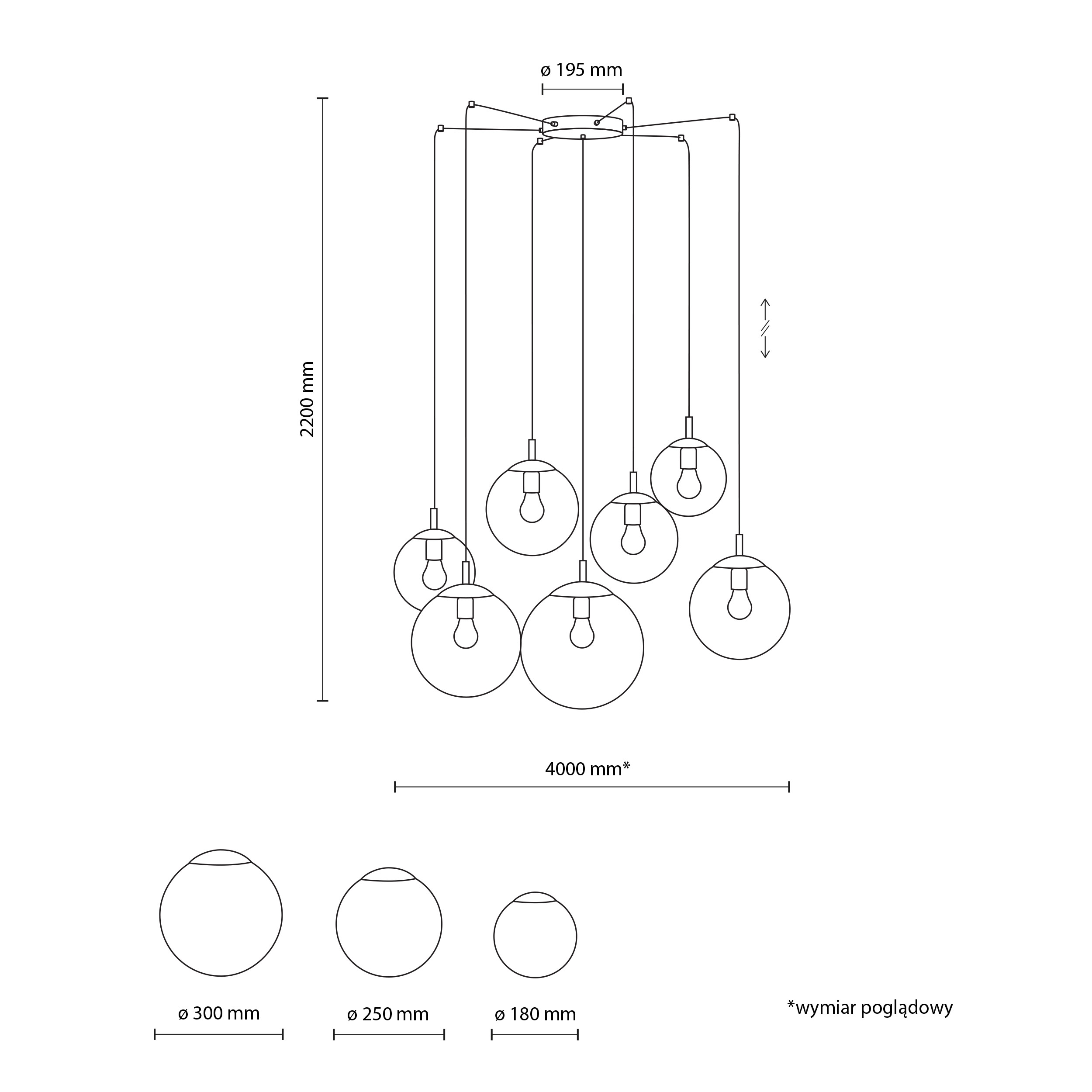 Lampa wisząca ESME czarna z białymi okrągłymi szklanymi kloszami podczepiana dodatkowo jak pająk 180cm - TK_4794