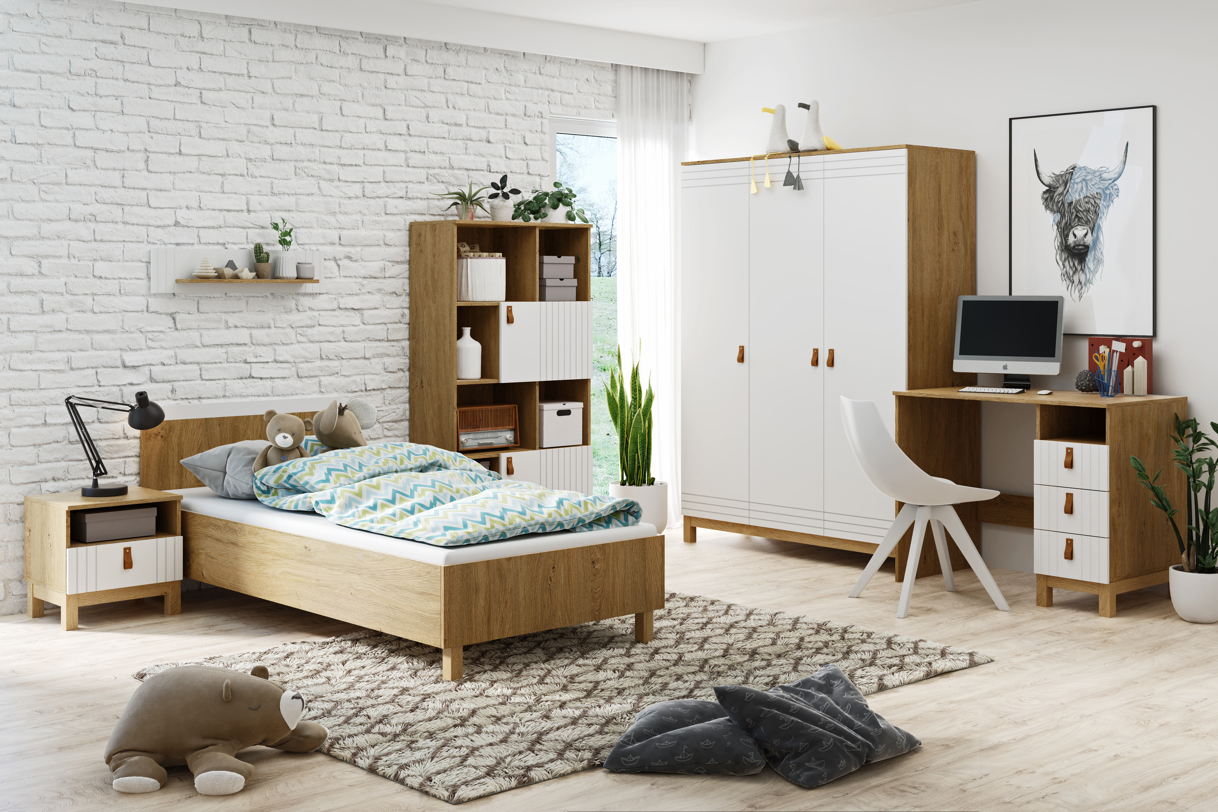 Regał niski 2-drzwiowy MODERN 4 skórzane uchwyty - biały, dąb kamienny - BAN_MODB-4