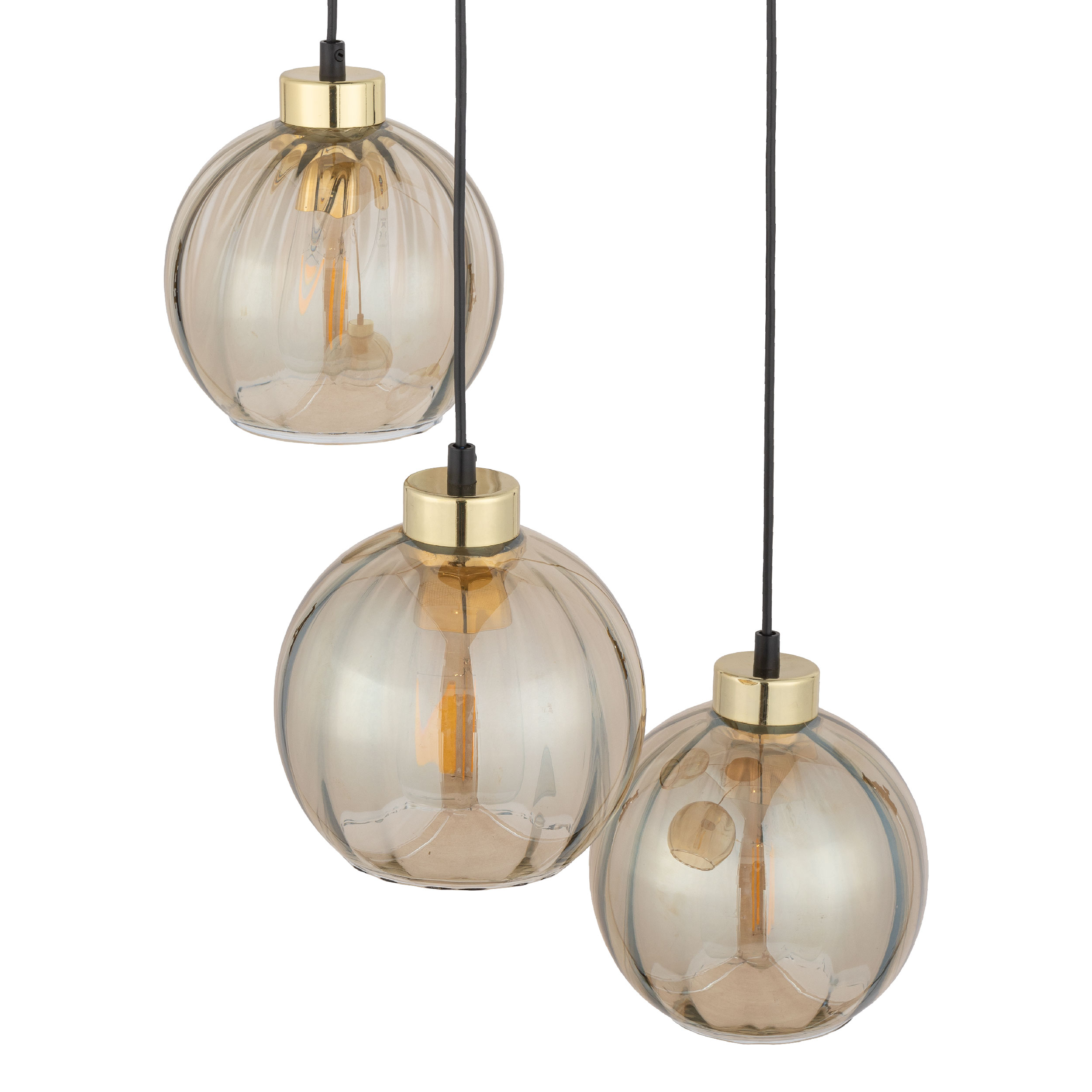 Lampa wisząca DEVI czarna ze złotymi elementami bursztynowymi szklanymi kloszami 95x37x35cm - TK_4637