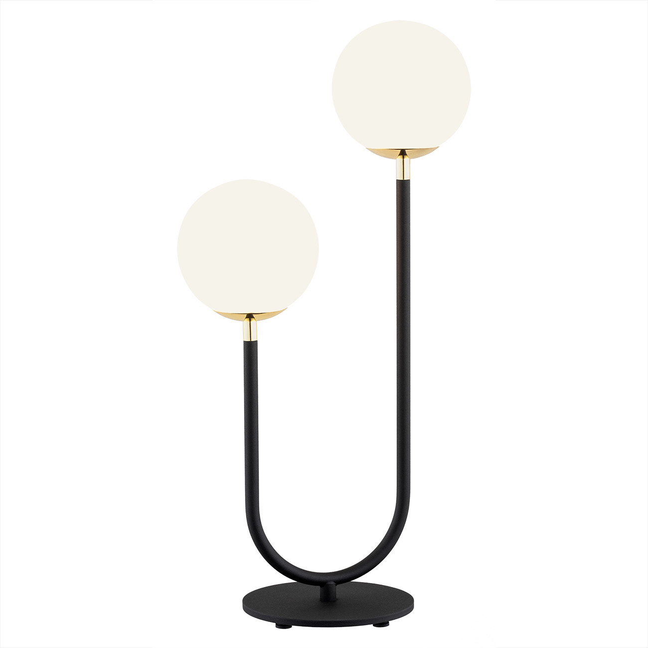 Lampa stołowa FERRONE czarna mosiądz z 2 okrągłymi białymi kloszami 52cm