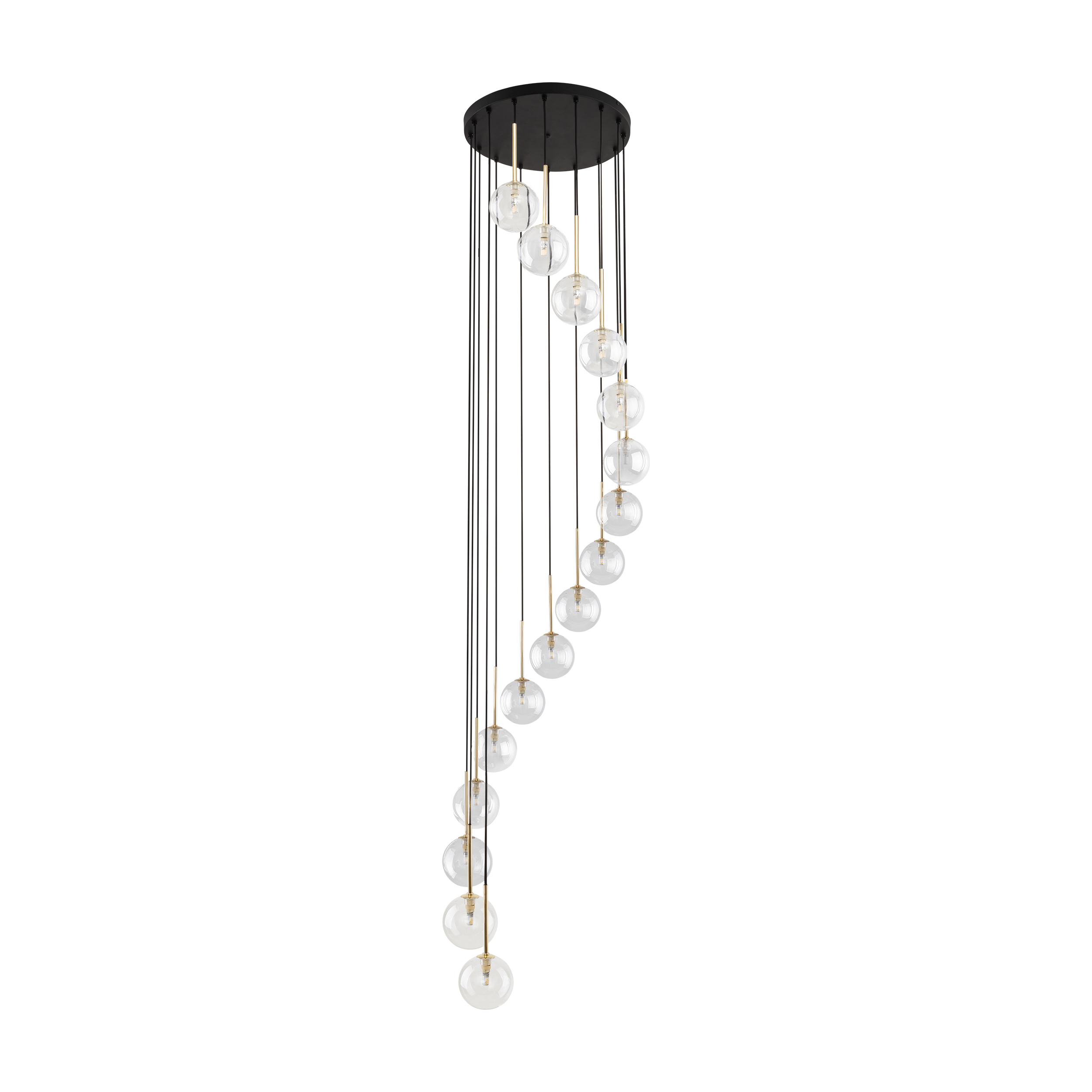 Lampa wisząca AURORA czarna ze złotymi elementami na przeźroczystych przewodach z transparentnymi okrągłymi szklanymi kloszami 240x50cm
