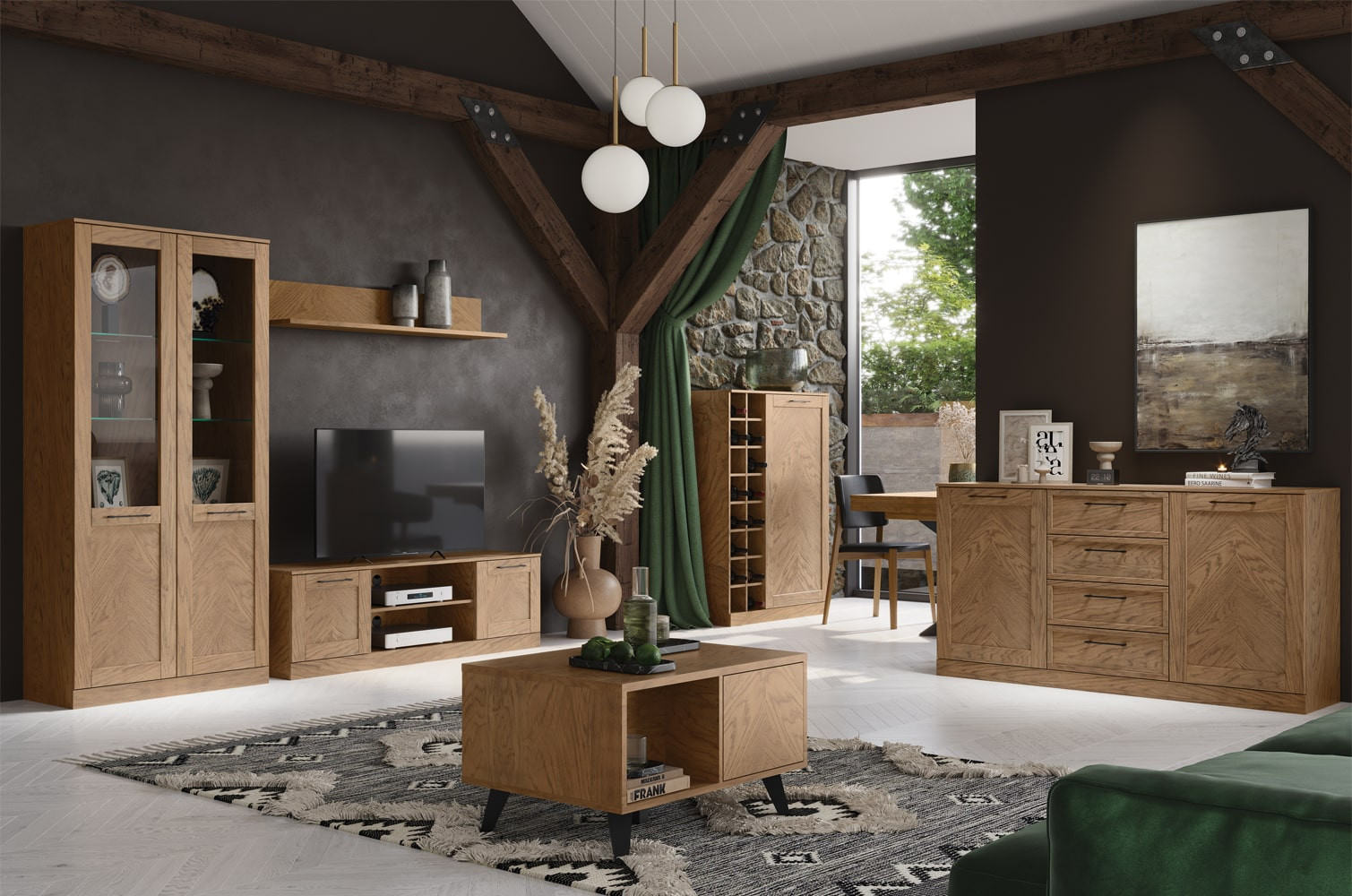 Stolik kawowy z szufladą i półką COZY 41  SZYNAKA - dąb rustical (jodełka), czarny - TH-100-1583