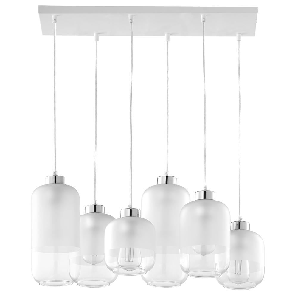 Lampa wisząca MARCO na białej podstawie z przeźroczystymi przewodami chromowane elementy klosze szklane o różnych wielkościach przeźroczysto mleczne 130x65x35cm