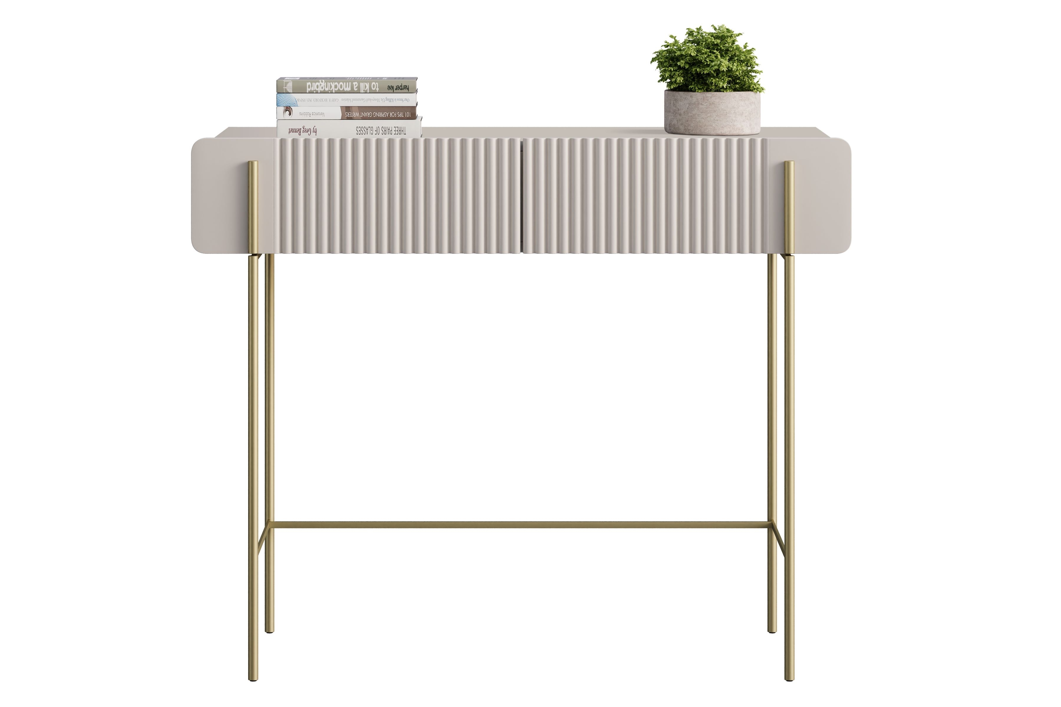Toaletka z 2 szufladami MALMI ryflowany front 100cm - kaszmirowa - złoty stelaż - B_167008