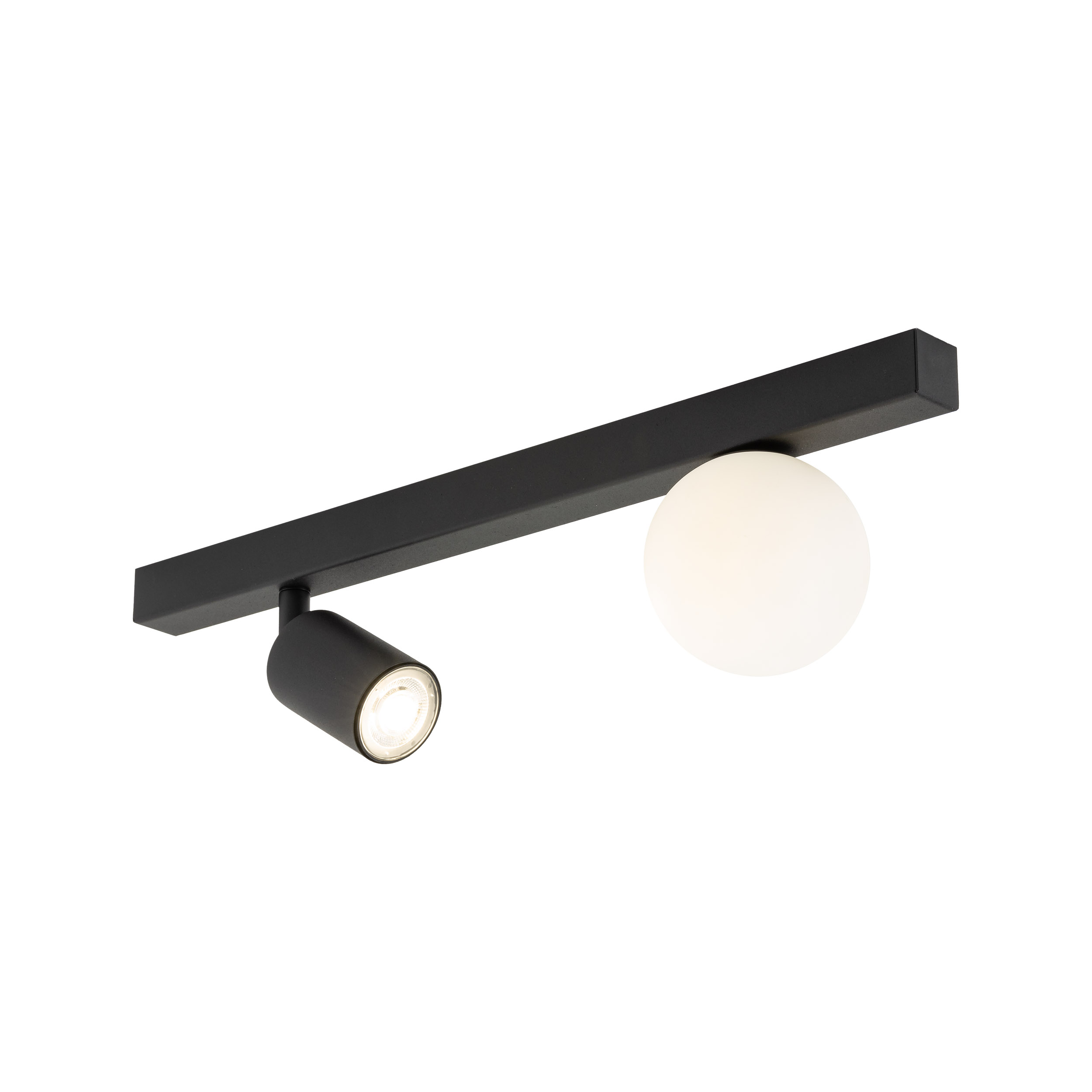 Lampa sufitowa VOX czarna na metalowej listwie z białym okrągłym szklanym kloszem i regulowanym reflektorem 49x15x14cm - TK_10000