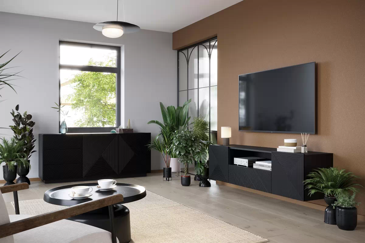 Szafka RTV ASHA 167 - czarny mat - ryflowany front - wisząca - B_51423