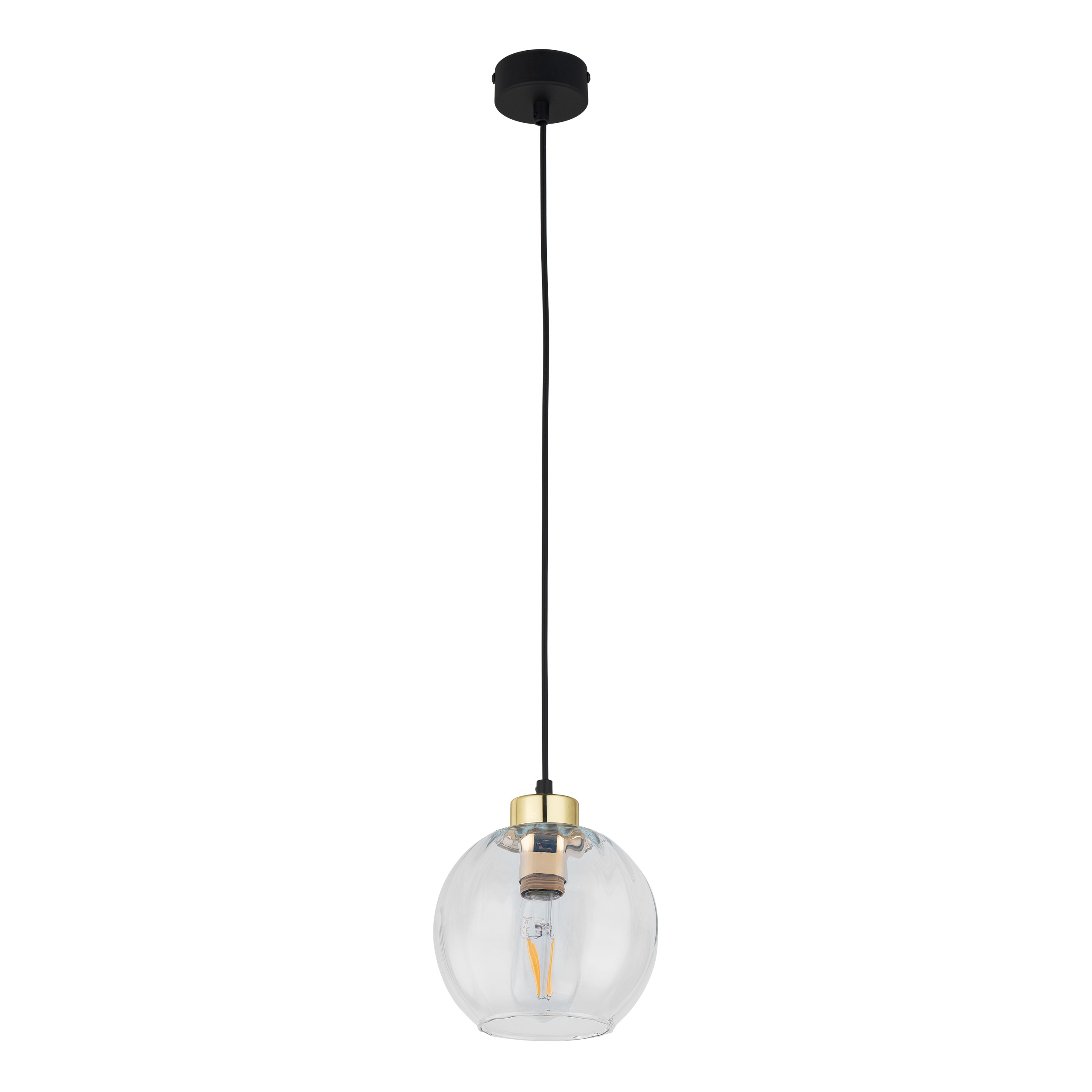 Lampa wisząca DEVI na czarnej podstawie i przewodzie ze złotymi elementami klosz szklany okrągły transparentny przyciemniany 165x18cm - TK_4646