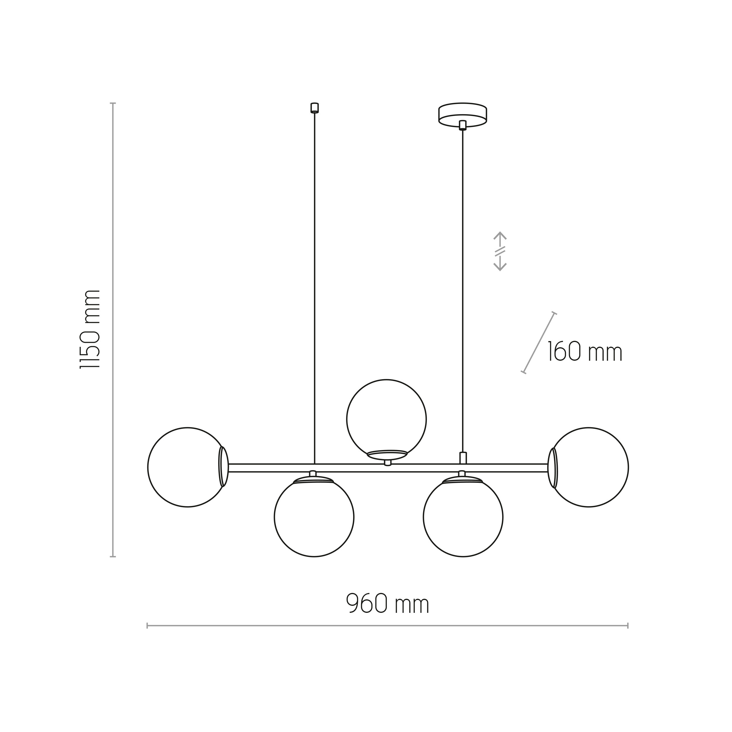 Lampa wisząca CELESTE czarna z białymi okrągłymi szklanymi kloszami 115x96x15cm - TK_6219