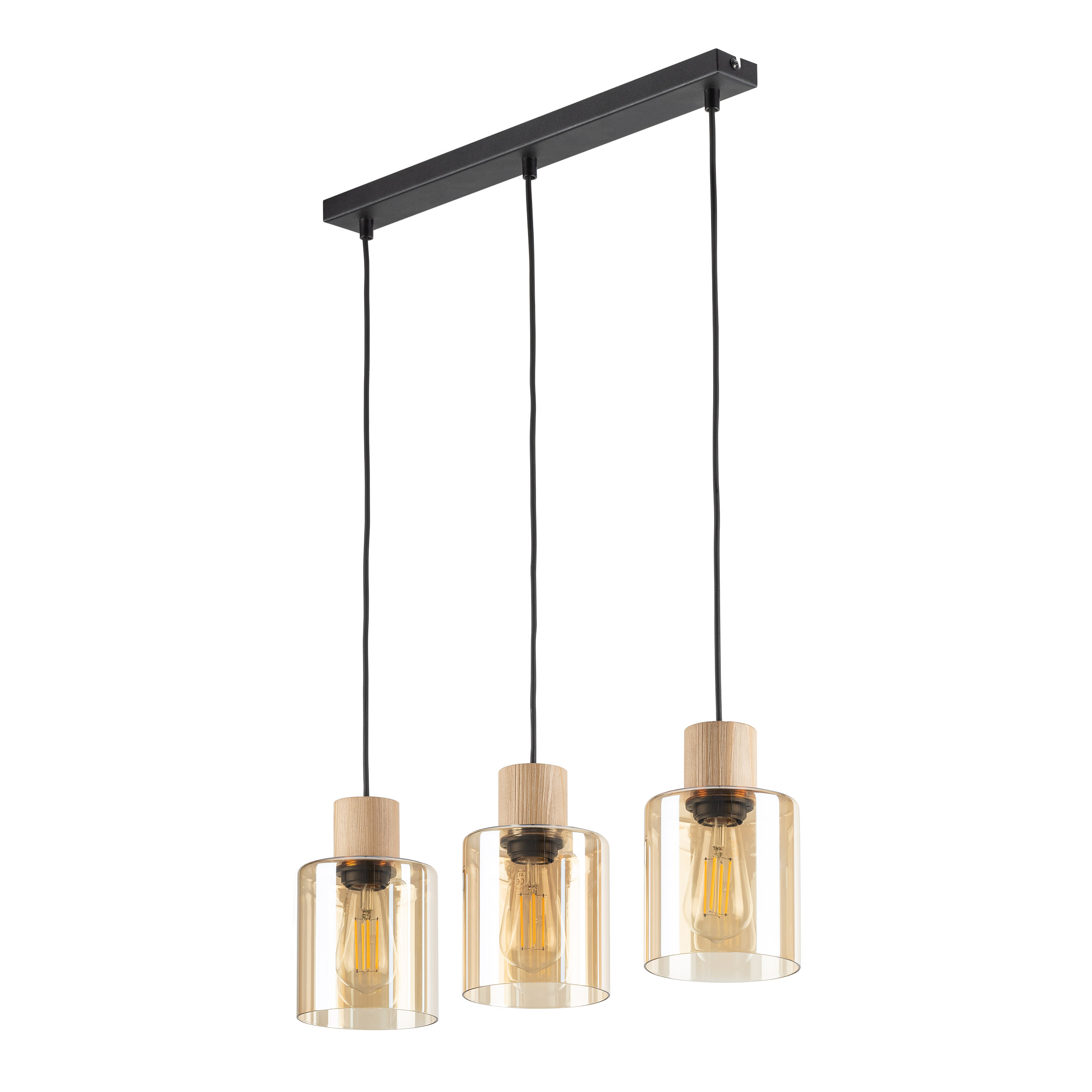 Lampa wisząca ORSON czarna z drewnianymi elementami bursztynowe szklane klosze 90x57x13cm