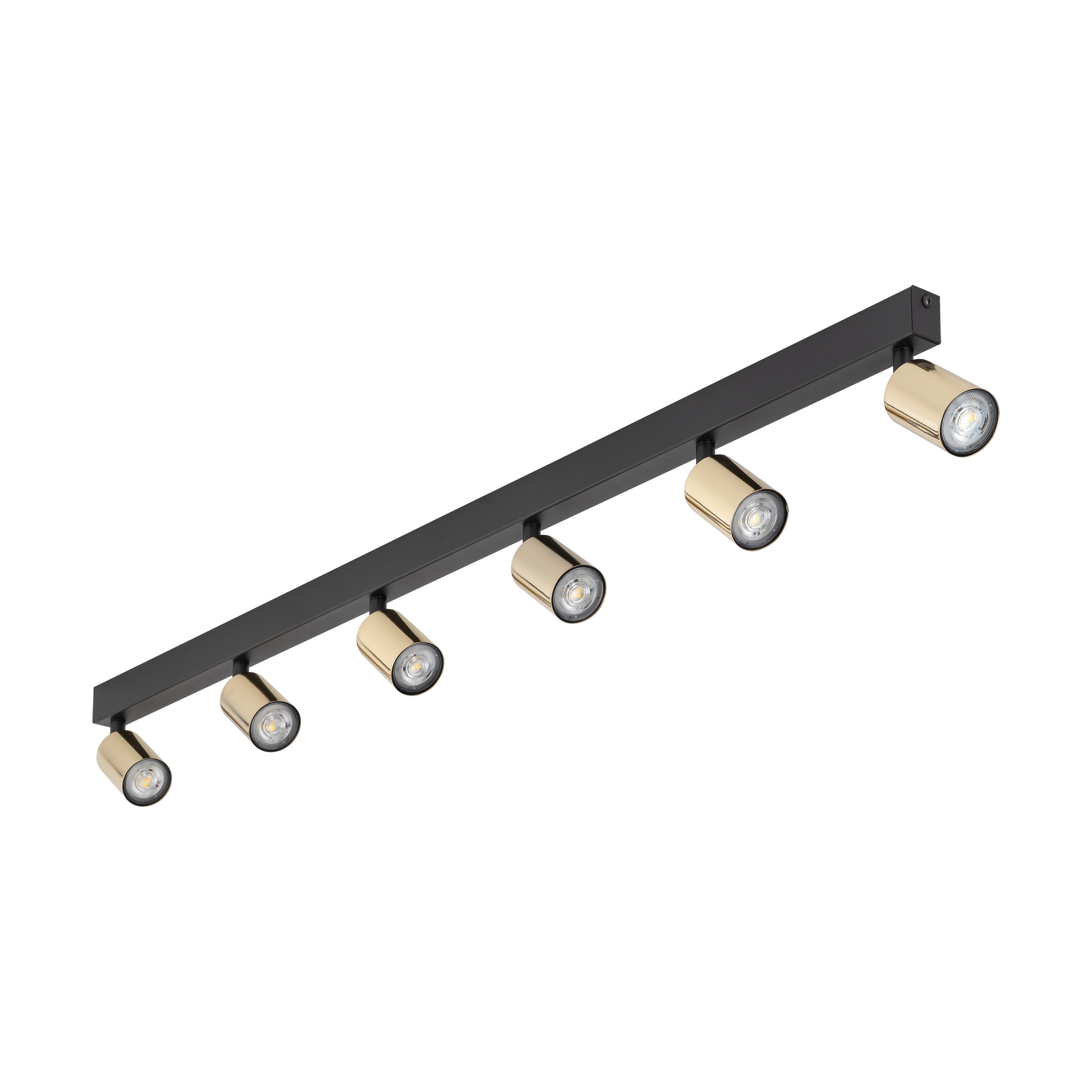 Lampa sufitowa TOP czarna ze złotymi reflektorami regulowanymi na metalowej listwie 127x19x15cm