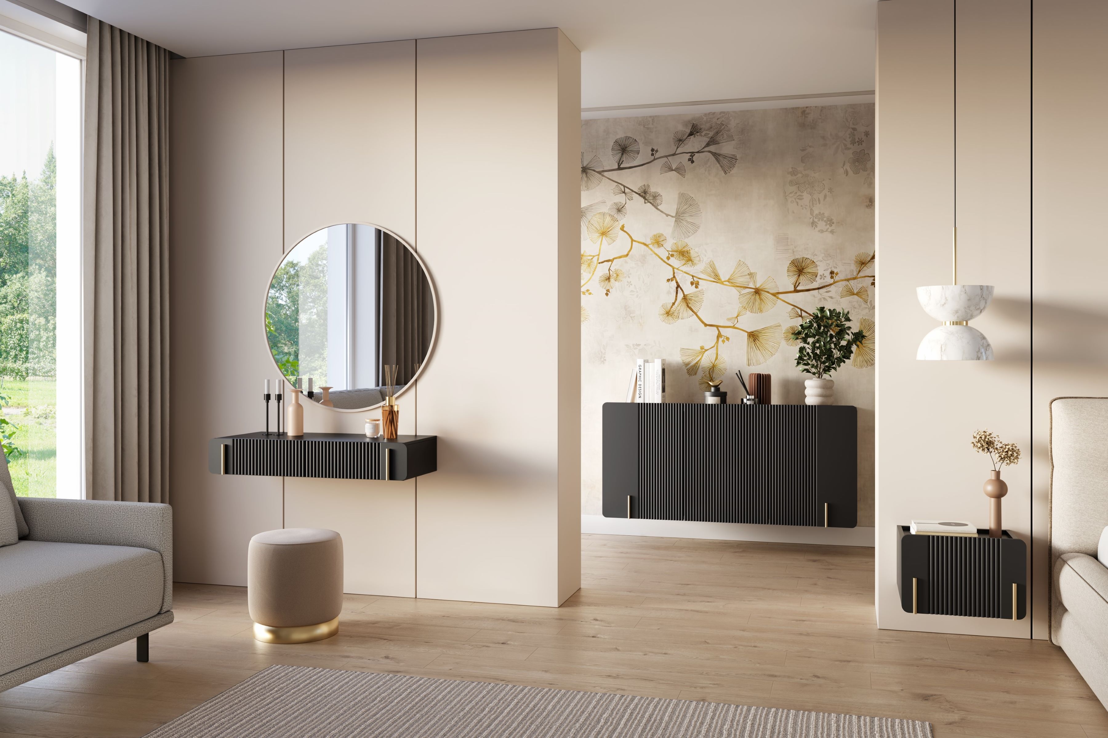 Toaletka wisząca z 2 szufladami MALMI ryflowany front 100cm - czarna - złota - B_166960
