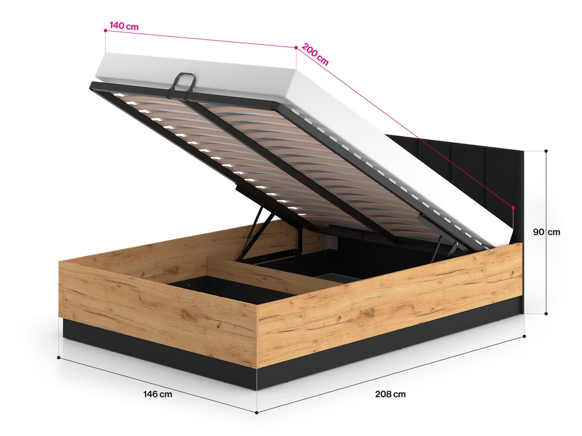 Łóżko z podnoszonym stelażem 140x200 URSO 1301 craft złoty-czarny - 1URSO1301-001