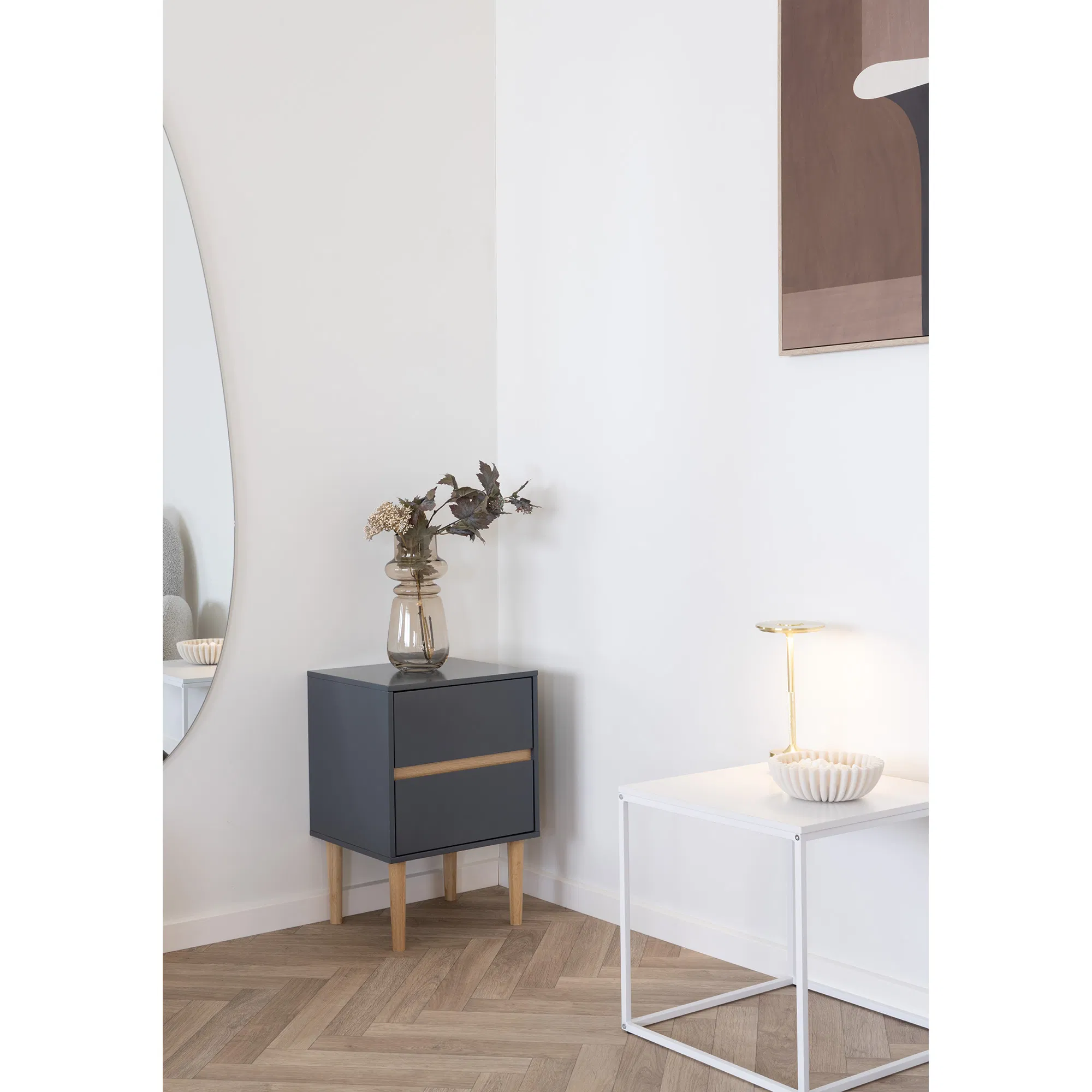 Szafka nocna z 2 szufladami BISLEY ciemnoszary, naturalny 40x35x55 cm - 3102030