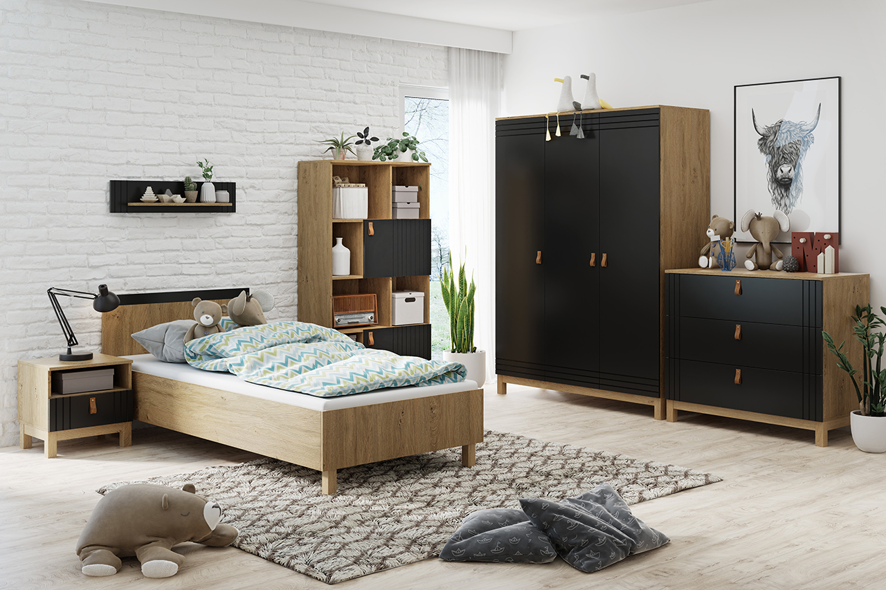 Regał niski 2-drzwiowy MODERN 4 skórzane uchwyty - czarny, dąb kamienny - BAN_MODC-4