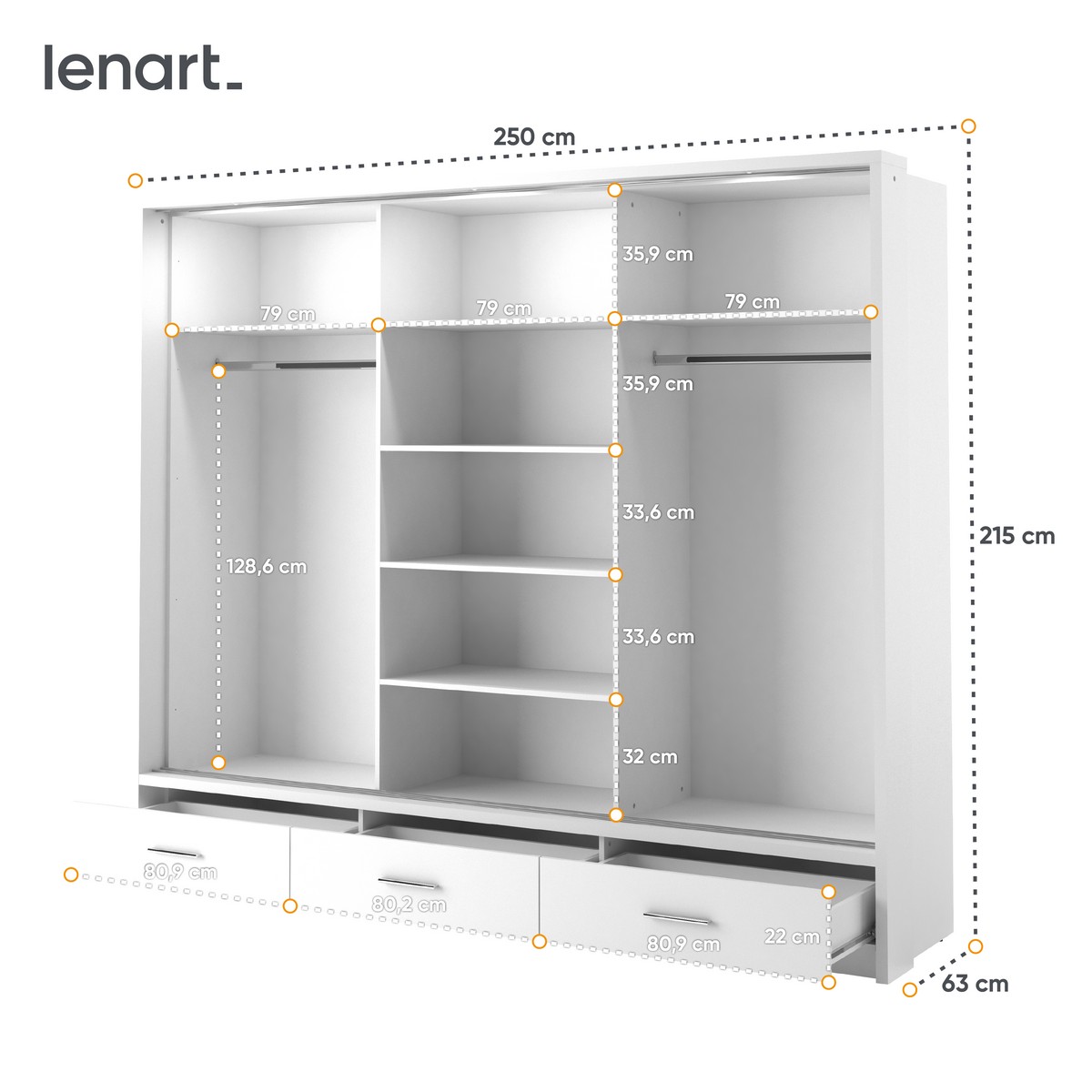 Szafa ARTI 3-drzwiowa z lustrami, szufladami i oświetleniem 250cm - AR1BIP3L