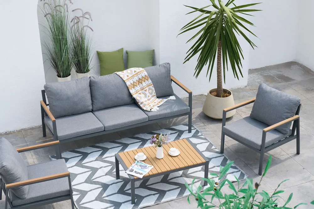 Zestaw EDISON CAFFE 3-osobowa sofa + 2 fotele + stolik kawowy - ciemnoszary, efekt drewna - FG007289
