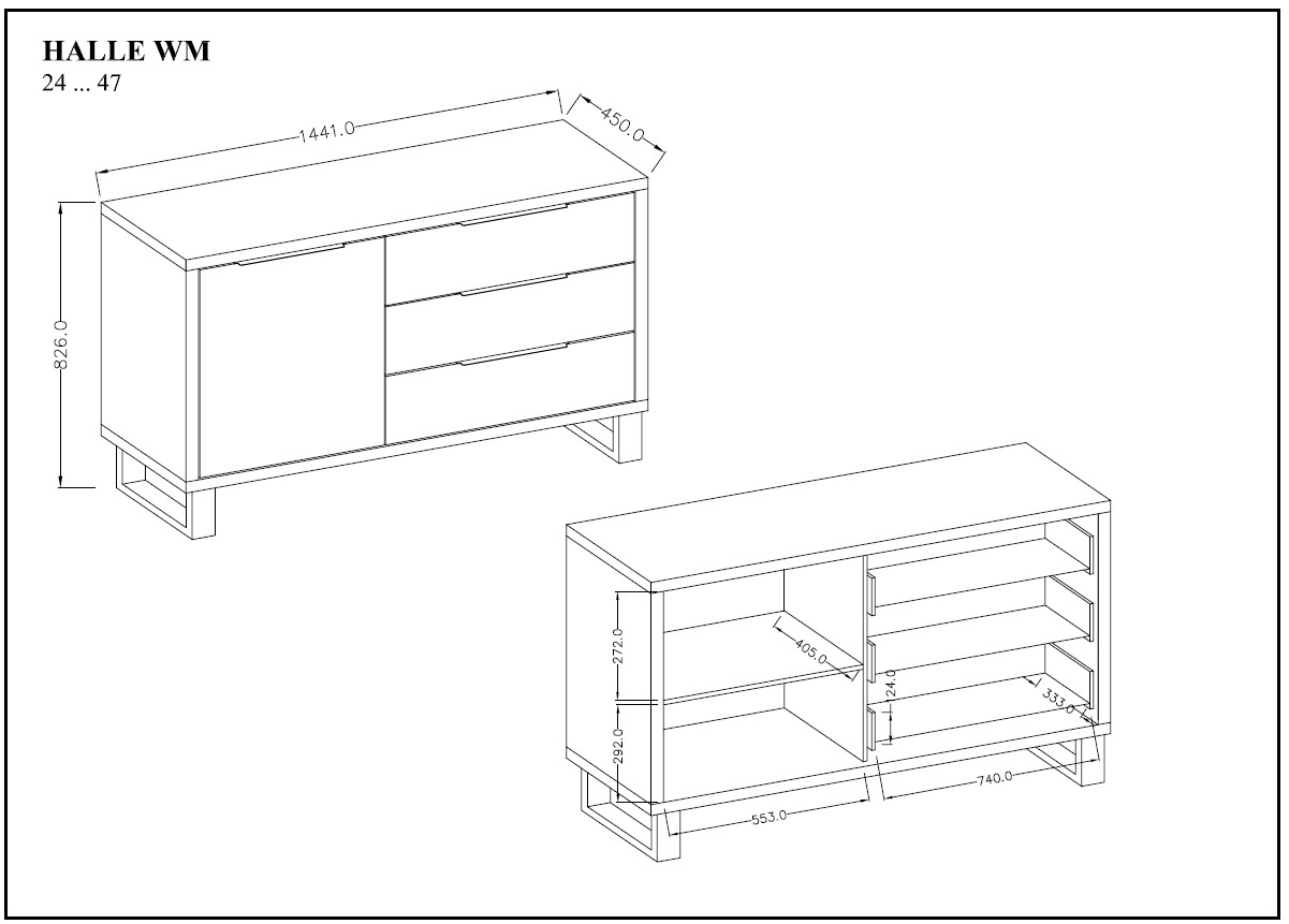 Komoda HALLE 47 dąb wotan czarne nogi i uchwyty jednodrzwiowa z szufladami 144x83x45cm - 24N0HK47