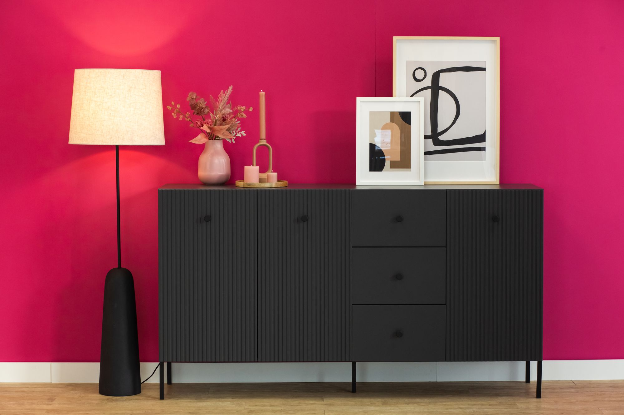 Komoda 3-drzwiowa z 3 szufladami VIENA ryflowany front antracyt - INT_5003203