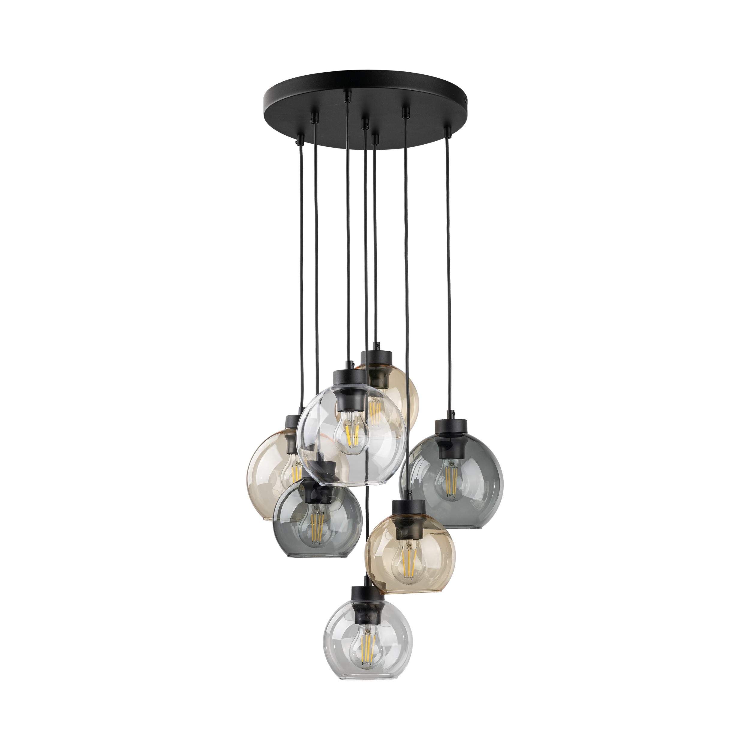 Lampa wisząca CUBUS czarna mix okrągłych szklanych kloszy transparentnych przyciemnianych bursztynowych 140x49cm
