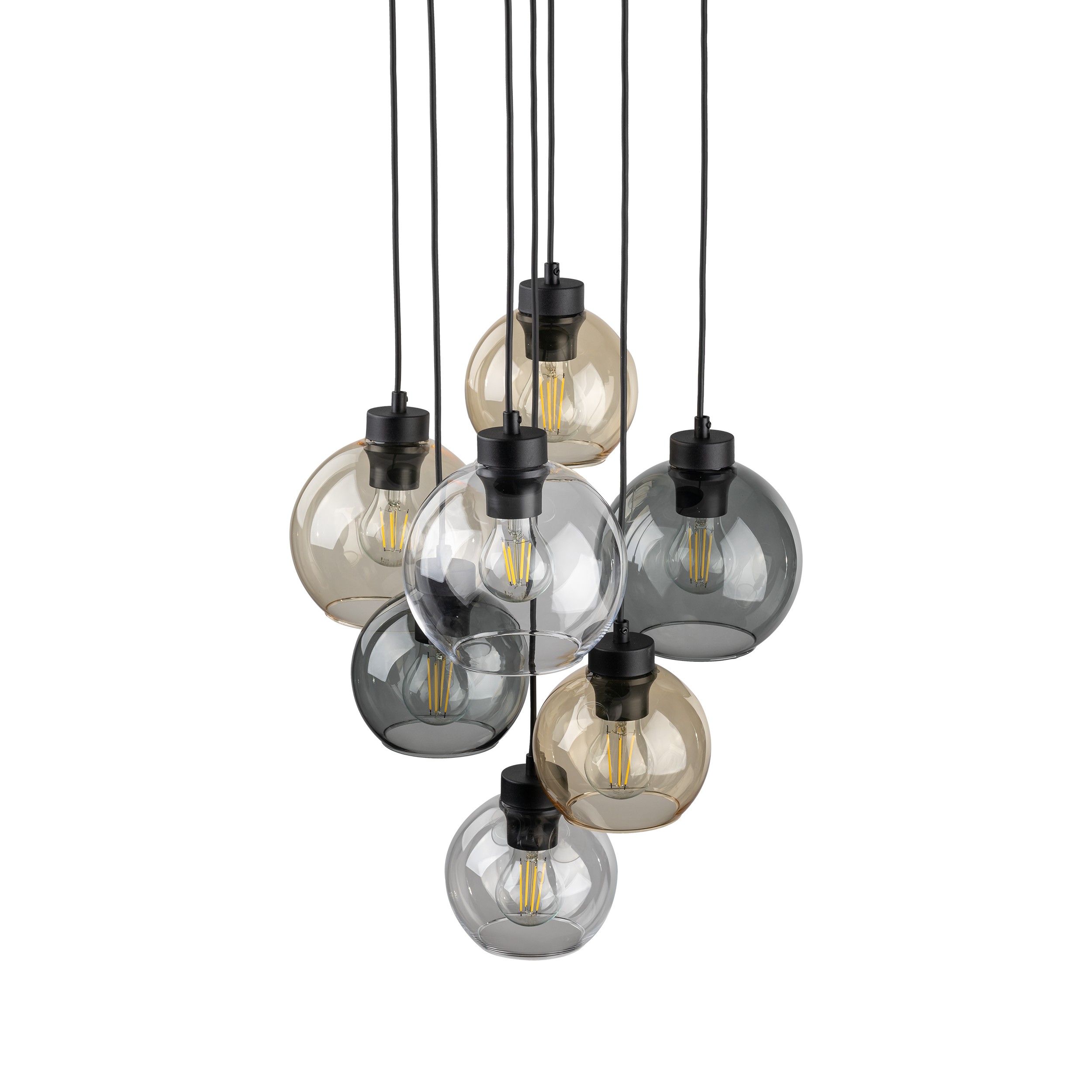 Lampa wisząca CUBUS czarna mix okrągłych szklanych kloszy transparentnych przyciemnianych bursztynowych 140x49cm - TK_10246