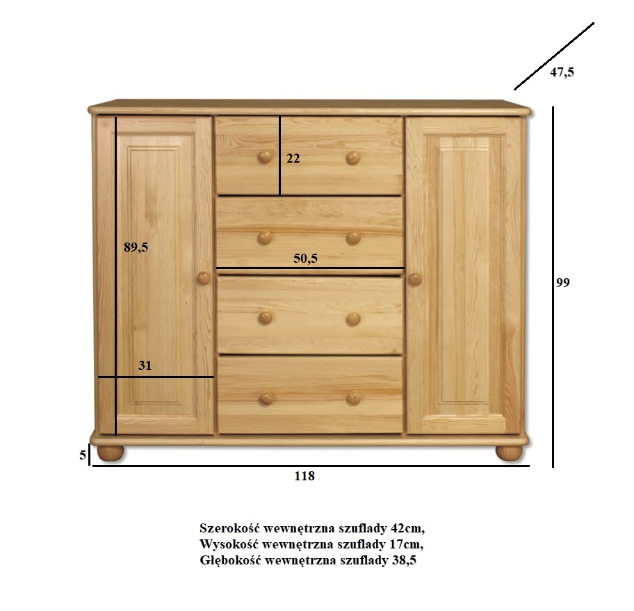 KD117 komoda S118 W100 G47 sosna naturalny DREWMAX - 00742