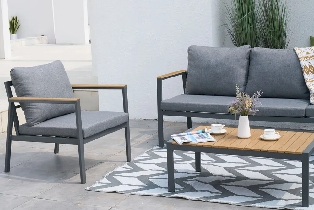Zestaw EDISON CAFFE 3-osobowa sofa + 2 fotele + stolik kawowy - ciemnoszary, efekt drewna - FG007289