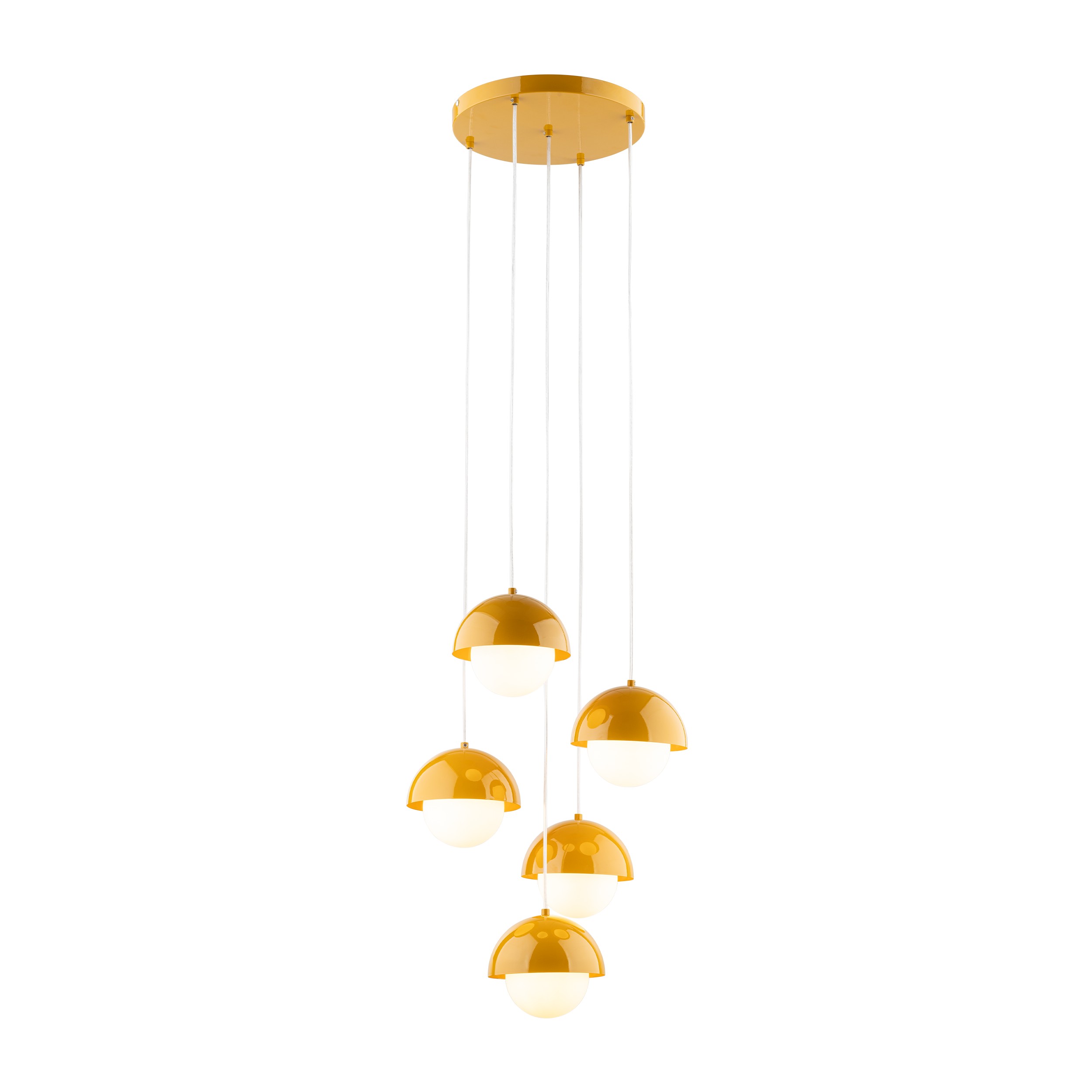 Lampa wisząca BONO żółta z białymi przewodami oraz okrągłymi szklanymi kloszami 140x32cm - TK_10268