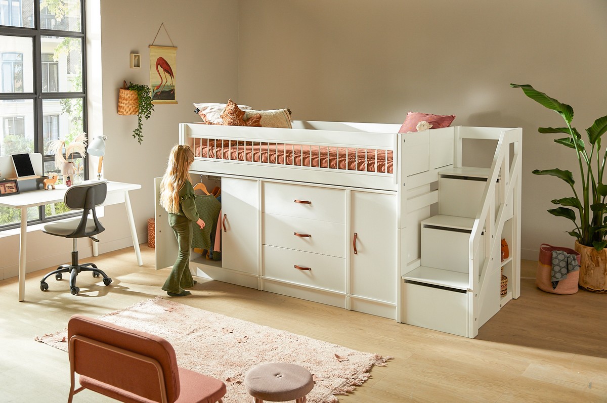 Łóżko dziecięce piętrowe 90x200 KOMBI drewniane z szufladami i szafkami