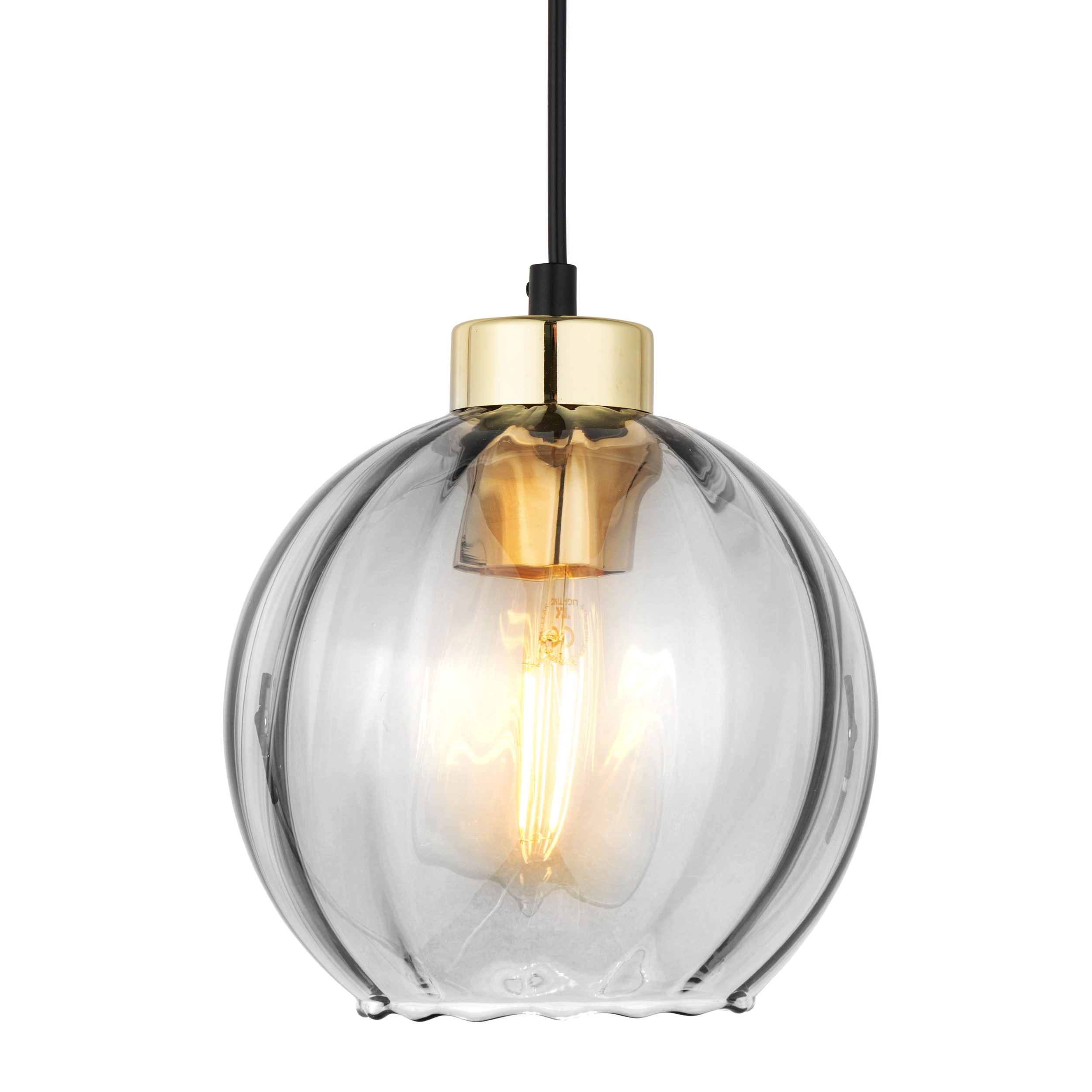 Lampa wisząca DEVI na czarnej podstawie i przewodzie ze złotymi elementami klosz szklany okrągły transparentny przyciemniany 165x18cm - TK_4646