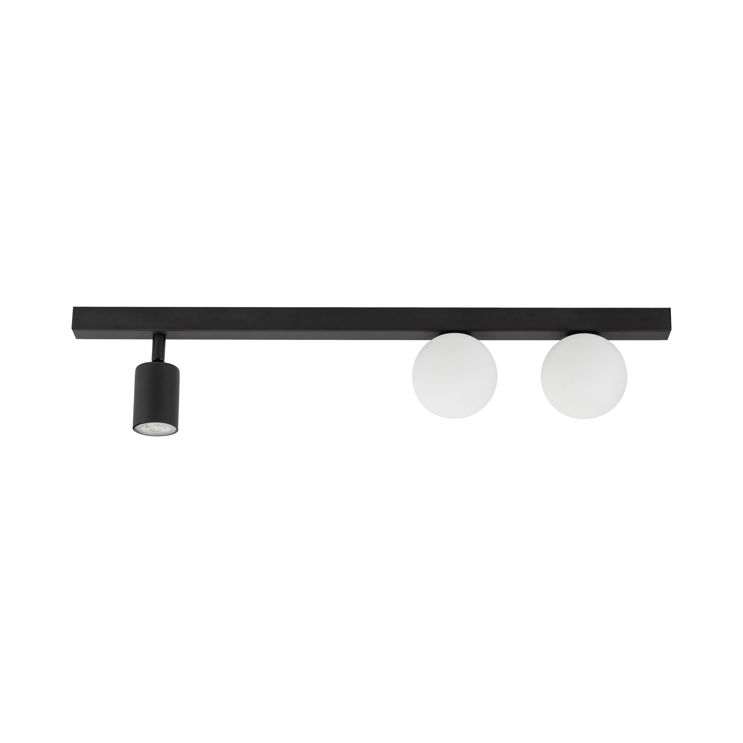 Lampa sufitowa VOX czarna na listwie z białymi okrągłymi szklanymi kloszami oraz jedną regulowaną lampką 70x15cm - TK_10001