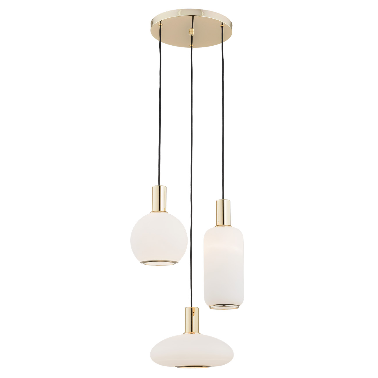 Lampa wisząca SAGUNTO mosiądz białe różnokształtne klosze czarny przewód 105x44cm