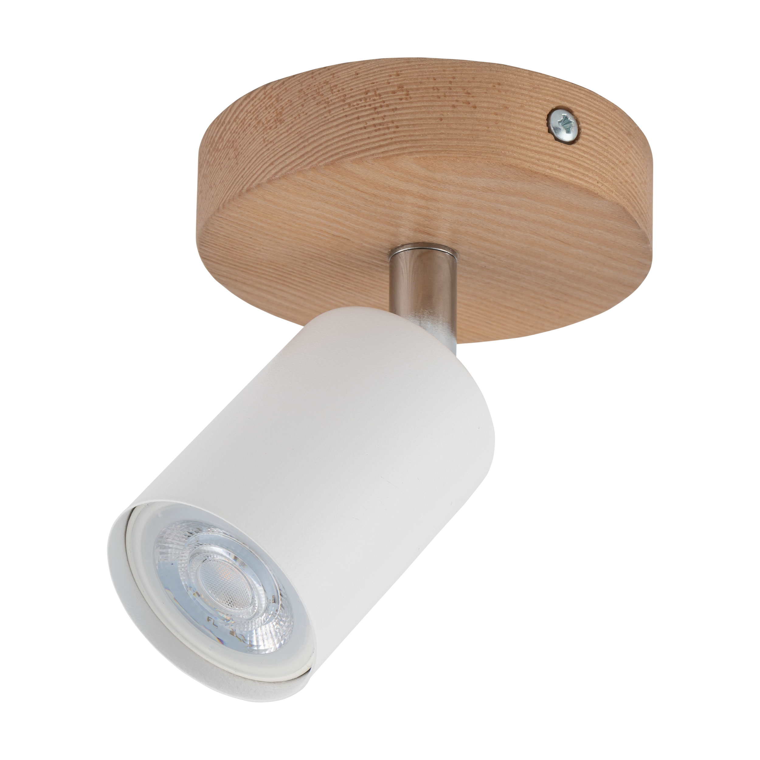 Lampa sufitowa TOP biała na drewnianej jasnej podstawie z chromowanym elementem regulowana 15x10cm