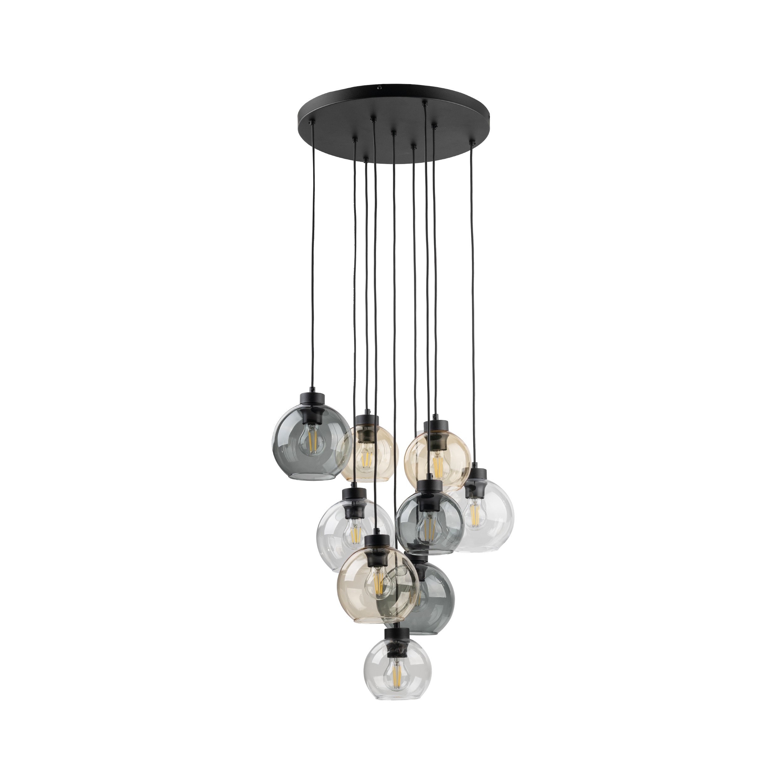 Lampa wisząca CUBUS MIX czarna z wielokolorowymi bursztynowy szary transparentny szklanymi kloszami 140x58cm