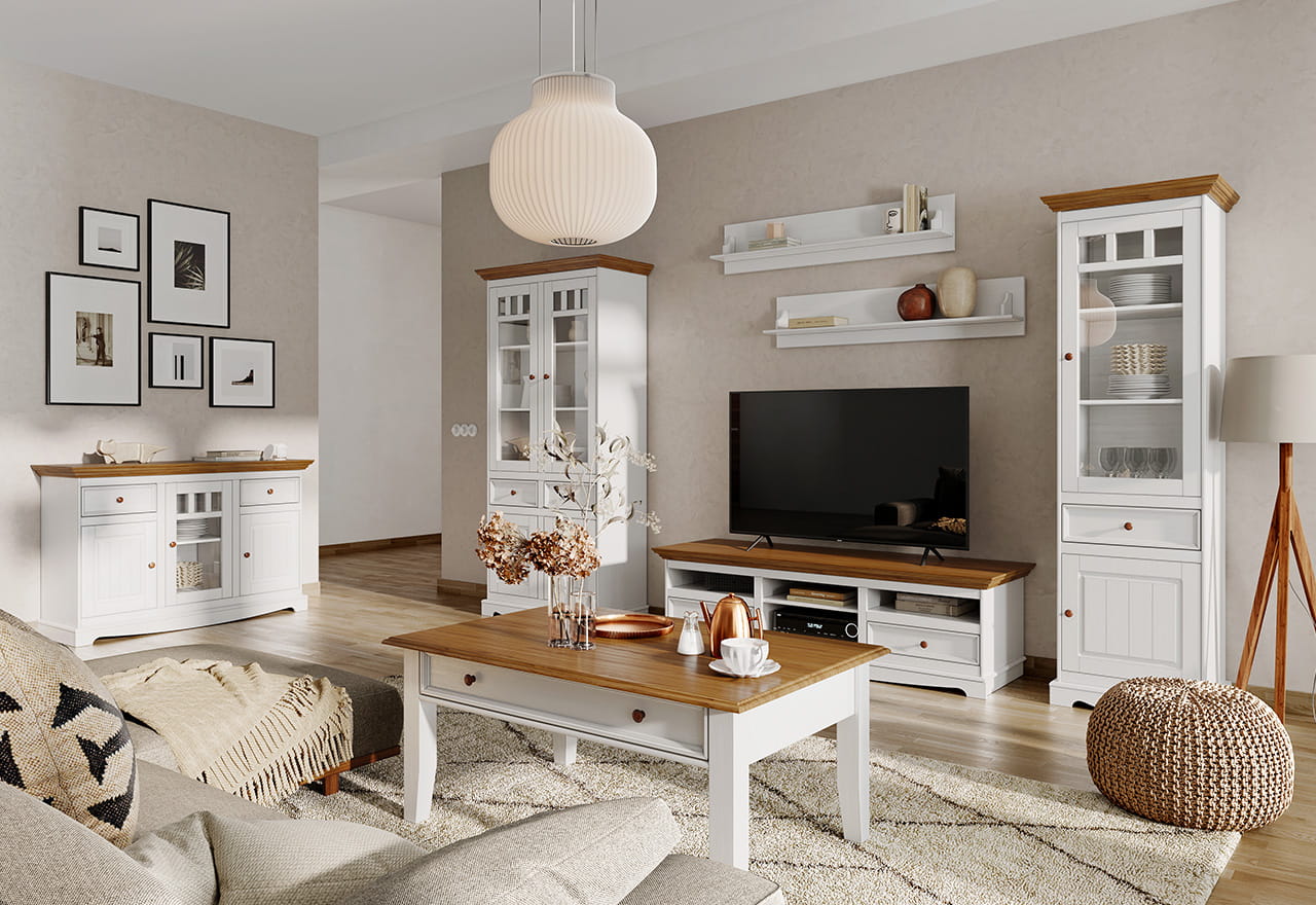 Witryna wysoka BELLUNO ELEGANTE 4-drzwiowa z 2 szufladami biała - dąb - PL015B/D