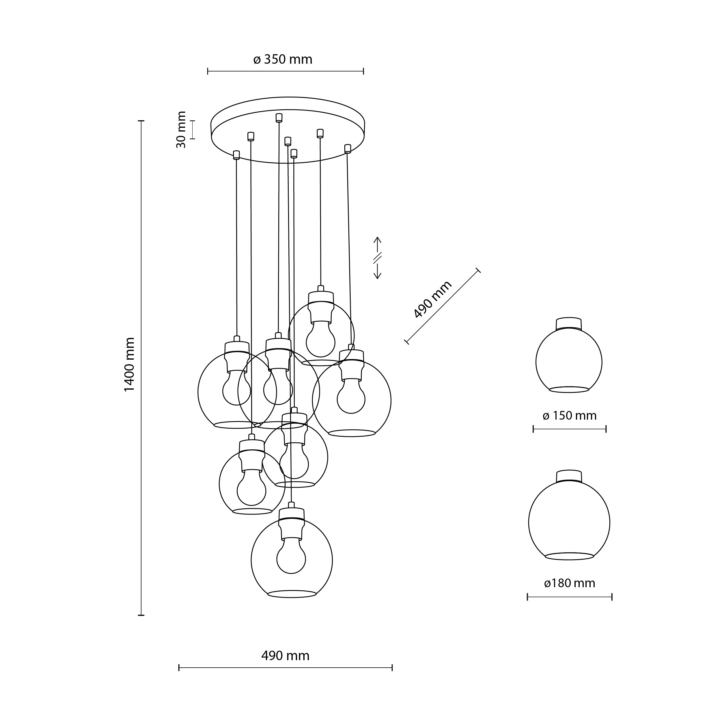 Lampa wisząca CUBUS czarna mix okrągłych szklanych kloszy transparentnych przyciemnianych bursztynowych 140x49cm - TK_10246