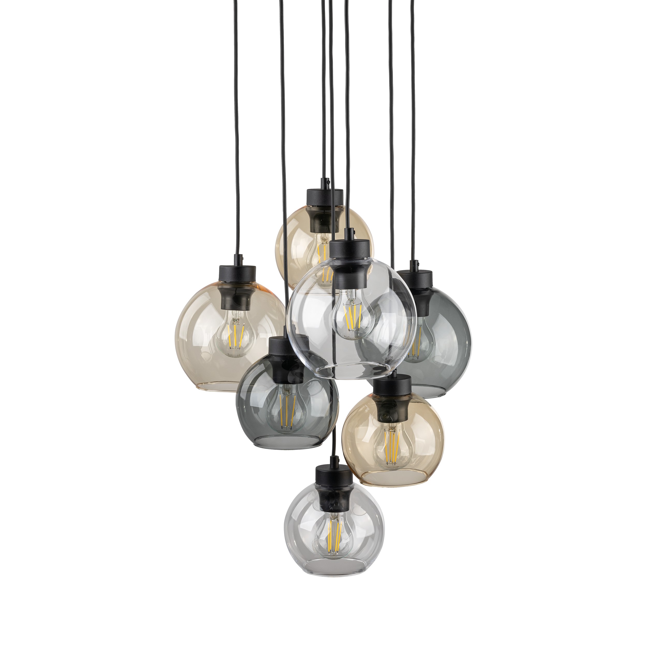 Lampa wisząca CUBUS czarna mix okrągłych szklanych kloszy transparentnych przyciemnianych bursztynowych 140x49cm - TK_10246