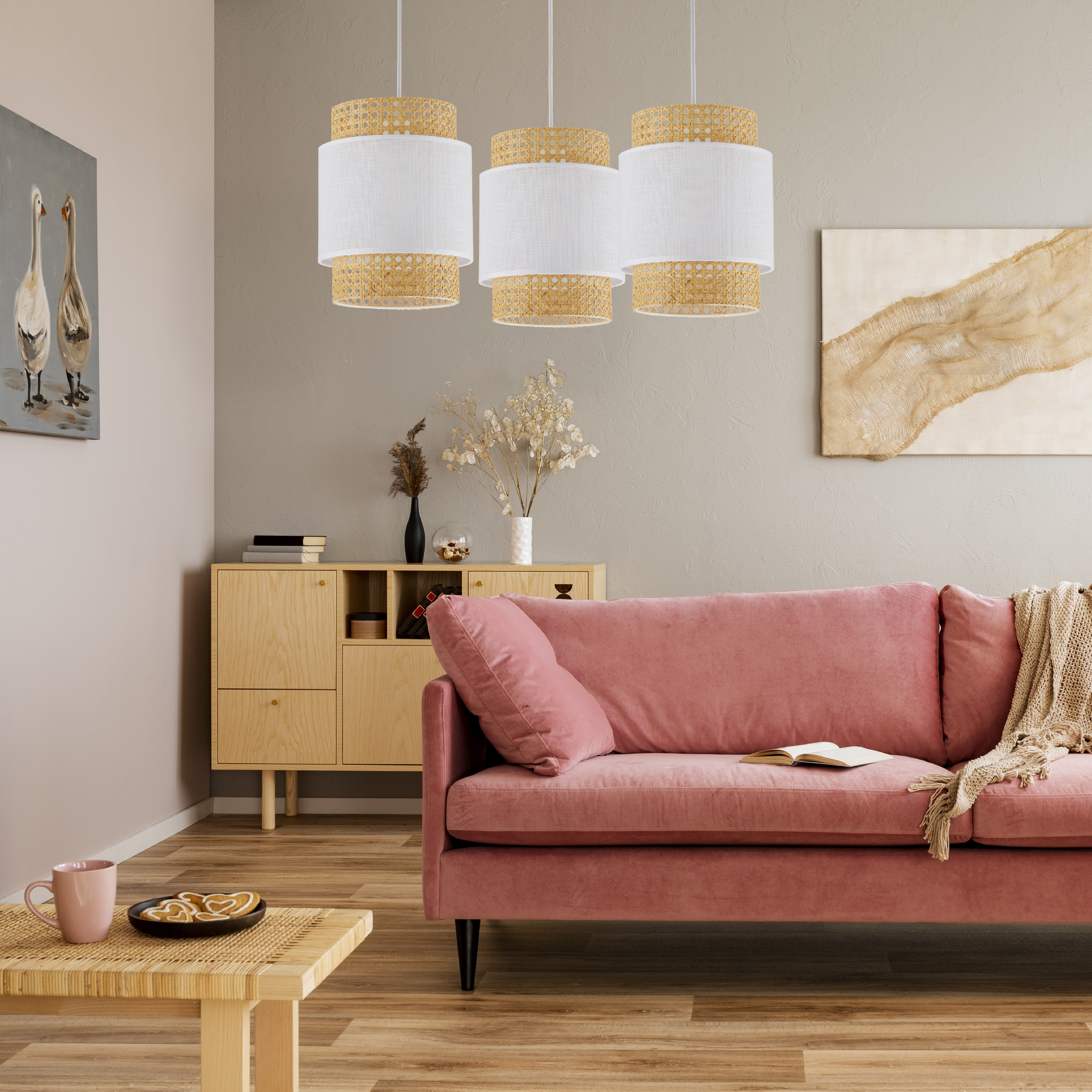 Lampa wisząca BOHO biała z brązowymi elementami z plecionki dodatkowo podwieszana 130x70cm - TK_6537