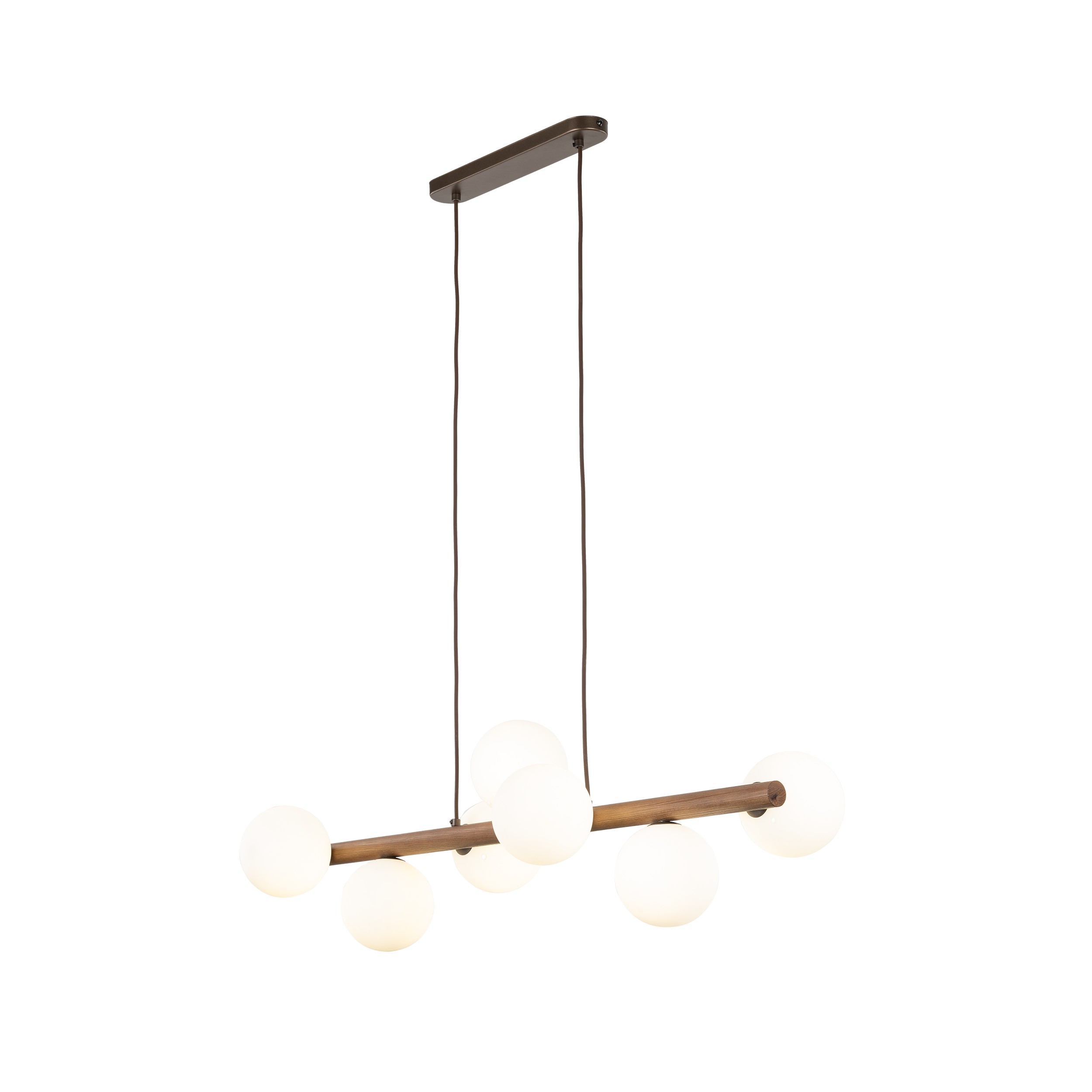 Lampa wisząca ESTERA czarna z drewnianą orzechową poprzeczką białe szklane okrągłe klosze 125x90x28cm - TK_10272