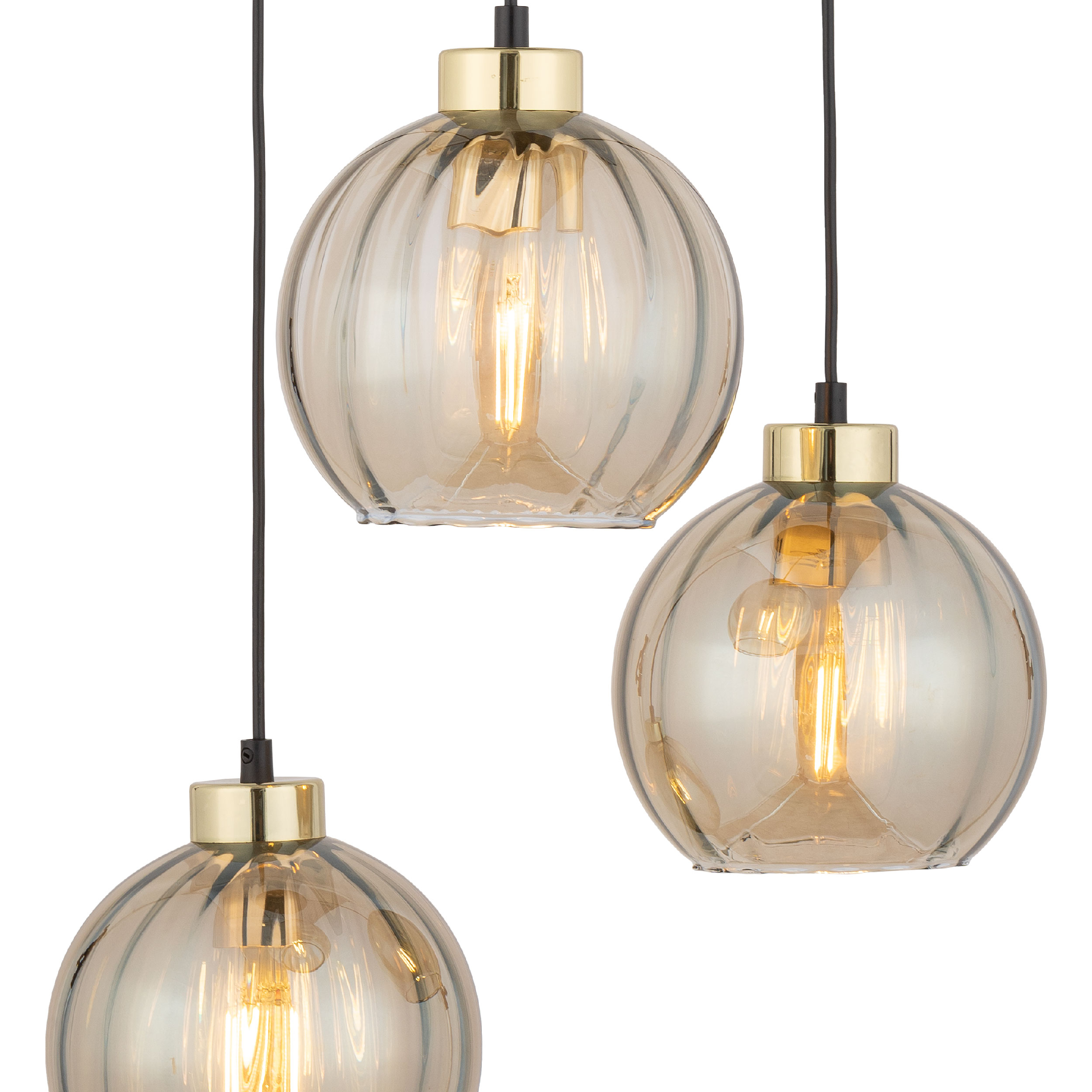 Lampa wisząca DEVI czarna ze złotymi elementami bursztynowymi szklanymi kloszami 95x37x35cm - TK_4637