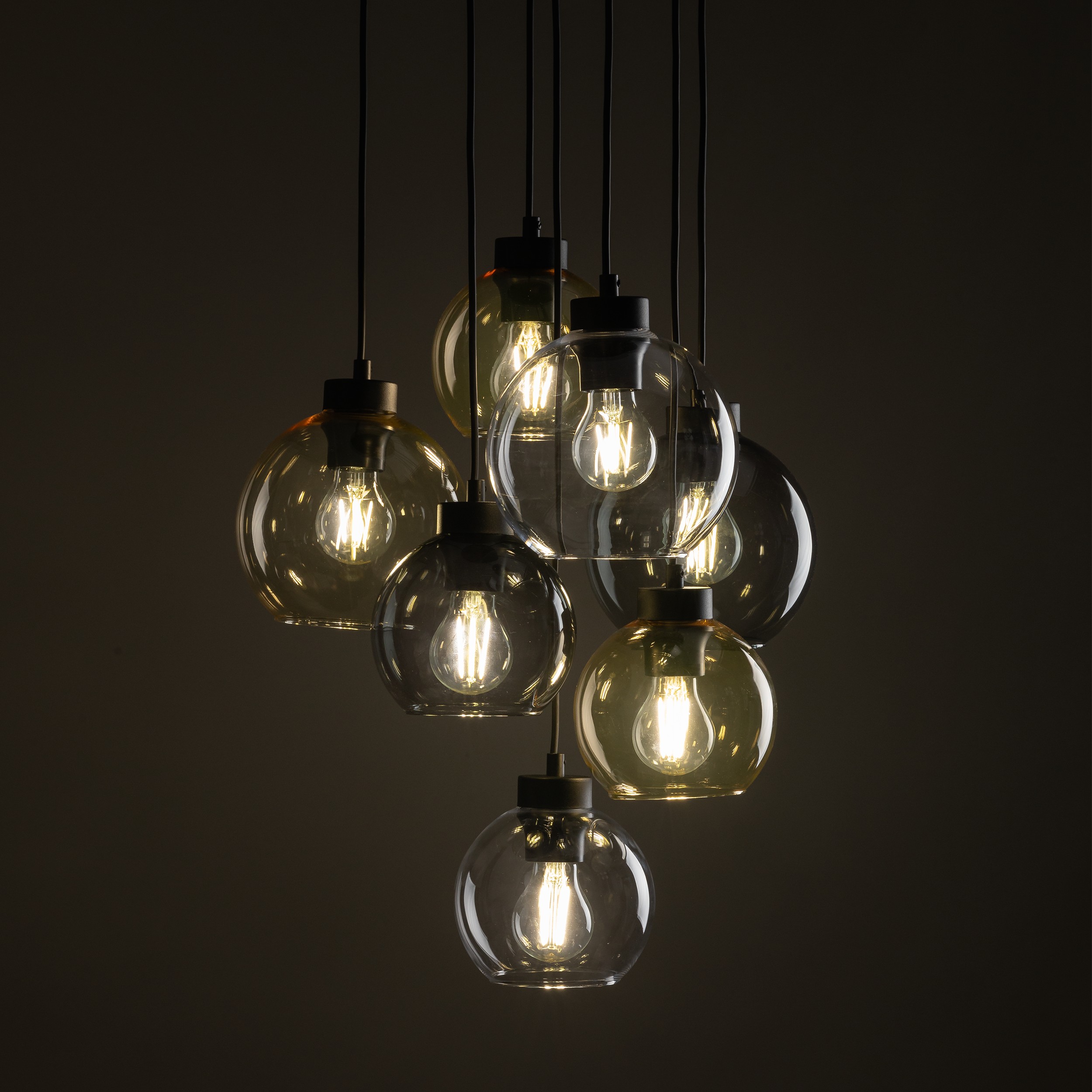 Lampa wisząca CUBUS czarna mix okrągłych szklanych kloszy transparentnych przyciemnianych bursztynowych 140x49cm - TK_10246
