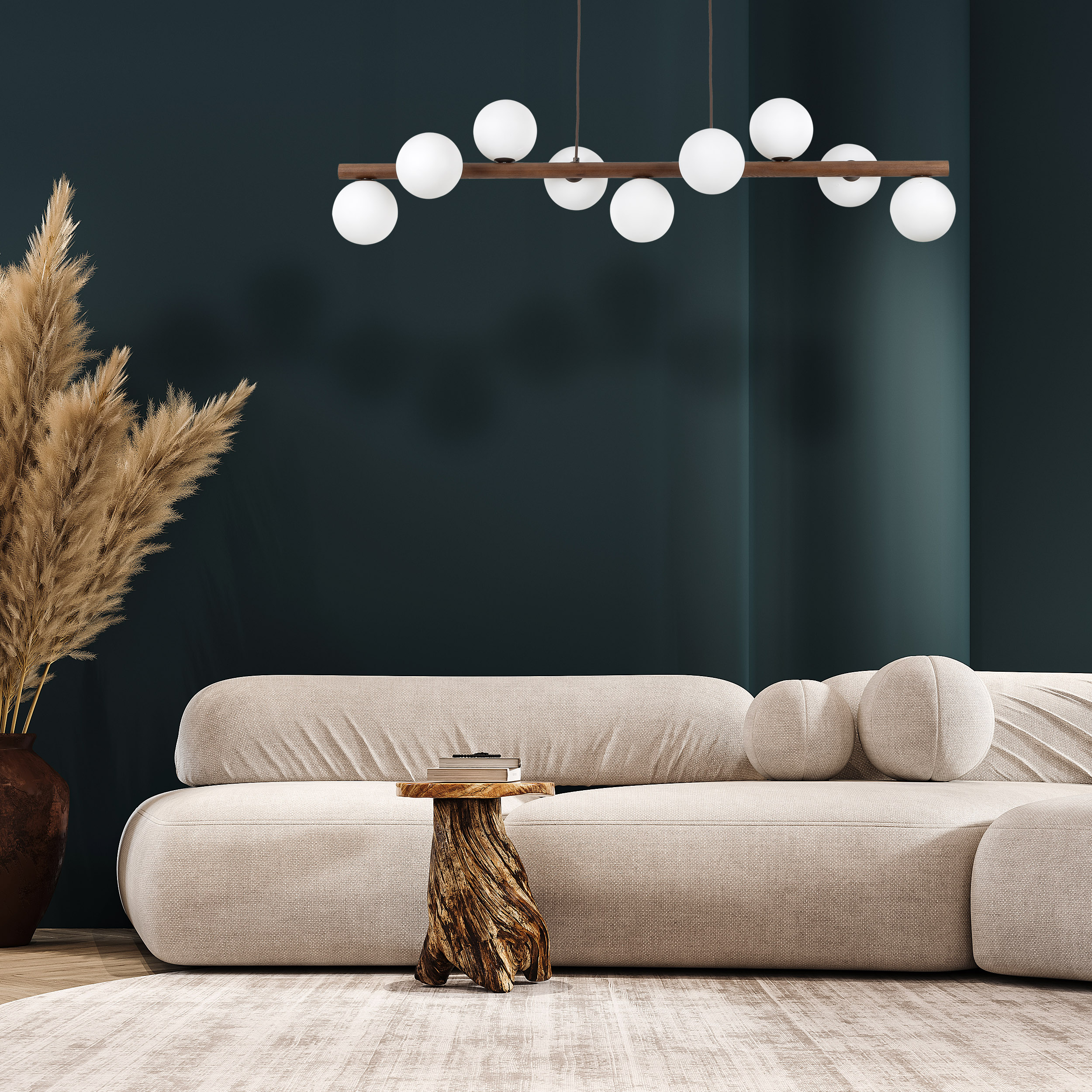 Lampa wisząca ESTERA ciemny orzech drewniana na listwie z białymi okrągłymi szklanymi kloszami 125x117x25cm - TK_10273