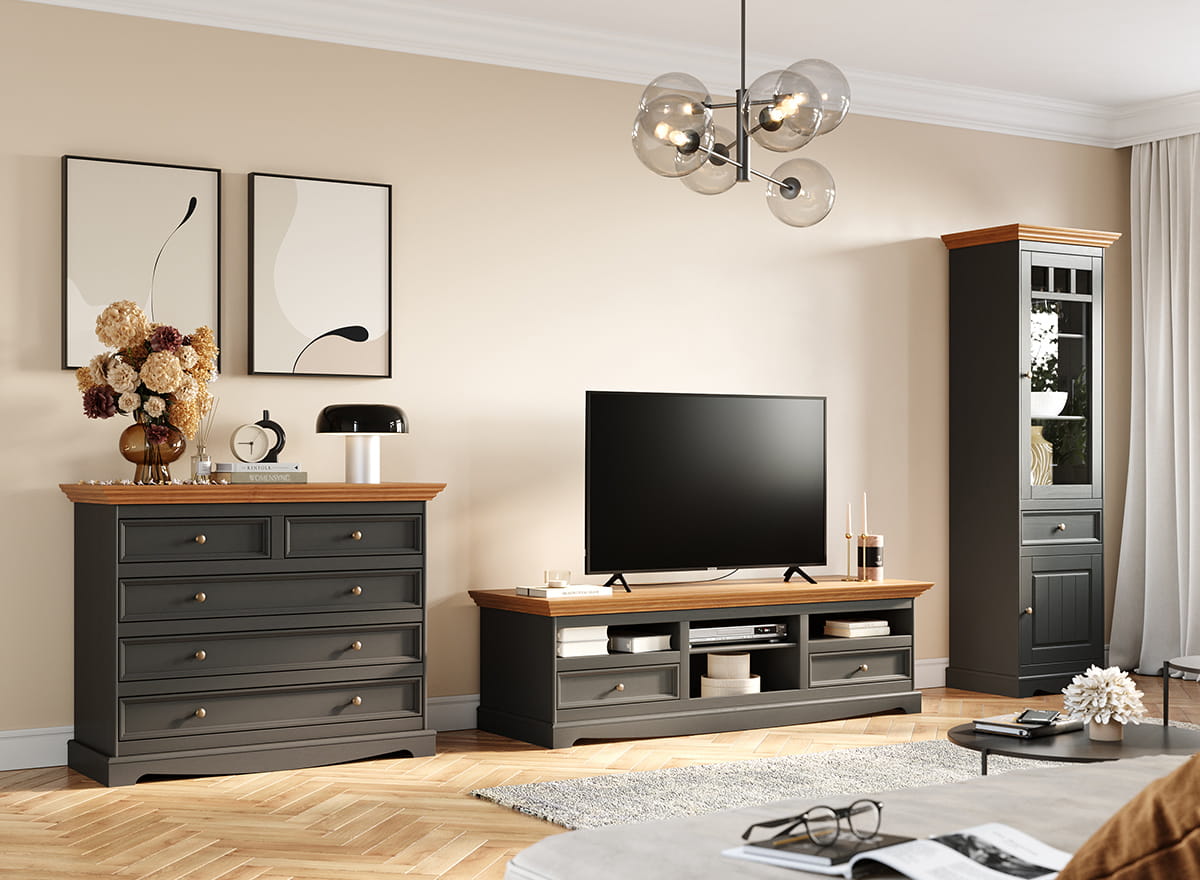 Witryna wąska BELLUNO ELEGANTE 2-drzwiowa z 1 szufladągrafit – dąb - PL014G/D