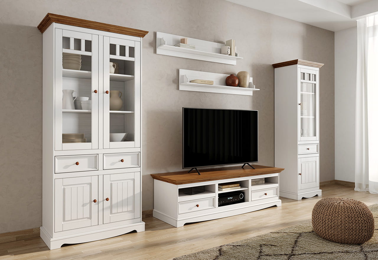 Witryna wysoka BELLUNO ELEGANTE 4-drzwiowa z 2 szufladami biała - dąb - PL015B/D