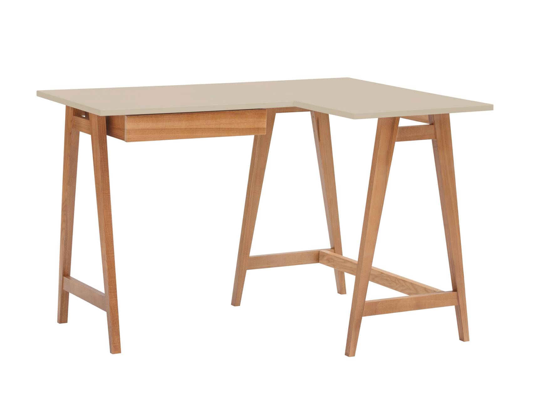 Biurko narożne jesionowe LUKA Prawe z szufladą 115cm x 85cm beżowe kolor nóg dąb
