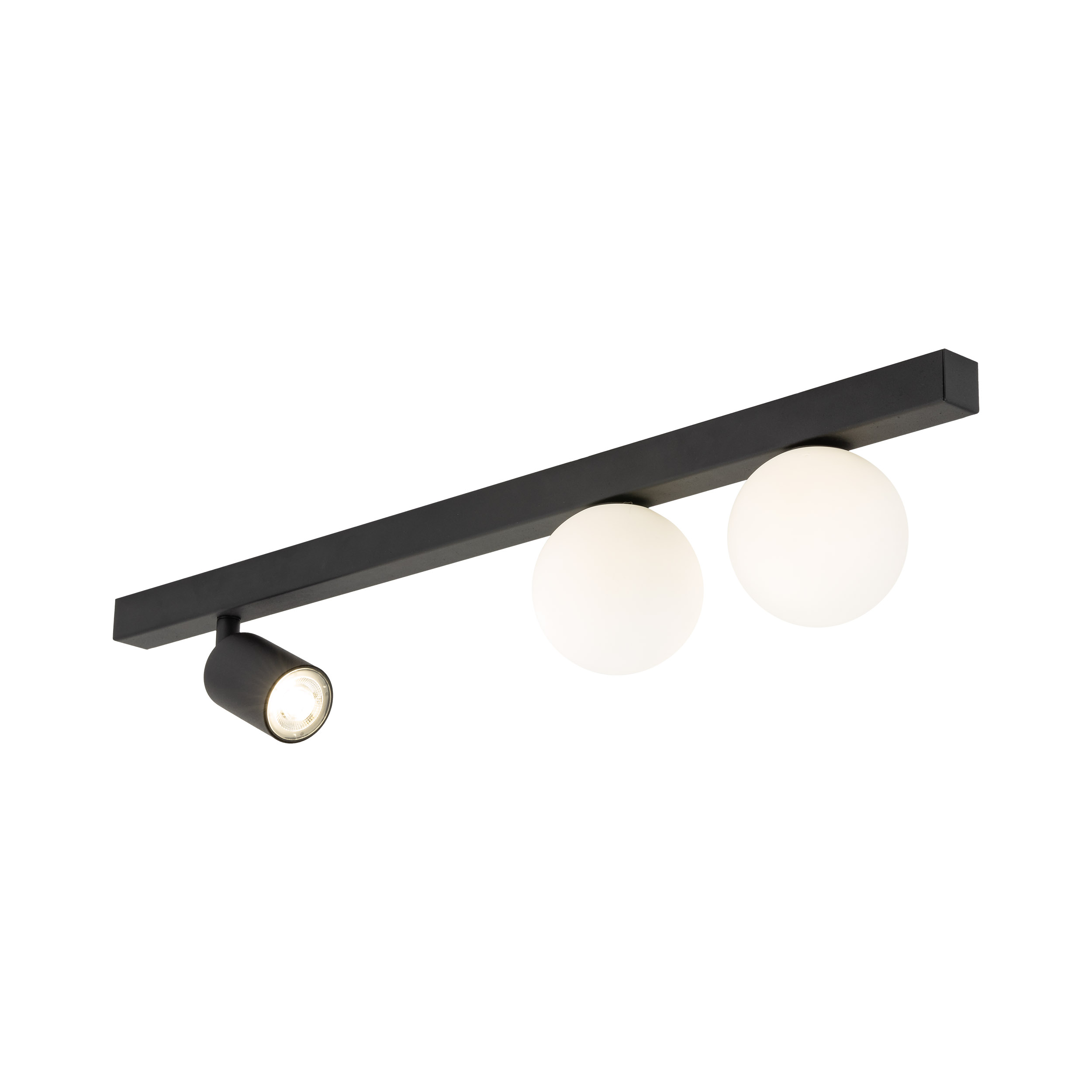 Lampa sufitowa VOX czarna na listwie z białymi okrągłymi szklanymi kloszami oraz jedną regulowaną lampką 70x15cm - TK_10001