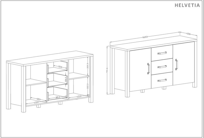 Komoda OLIN 26 2-drzwiowa z szufladami czarna appenzeller fichte 147x79x43cm - 24ABJC26