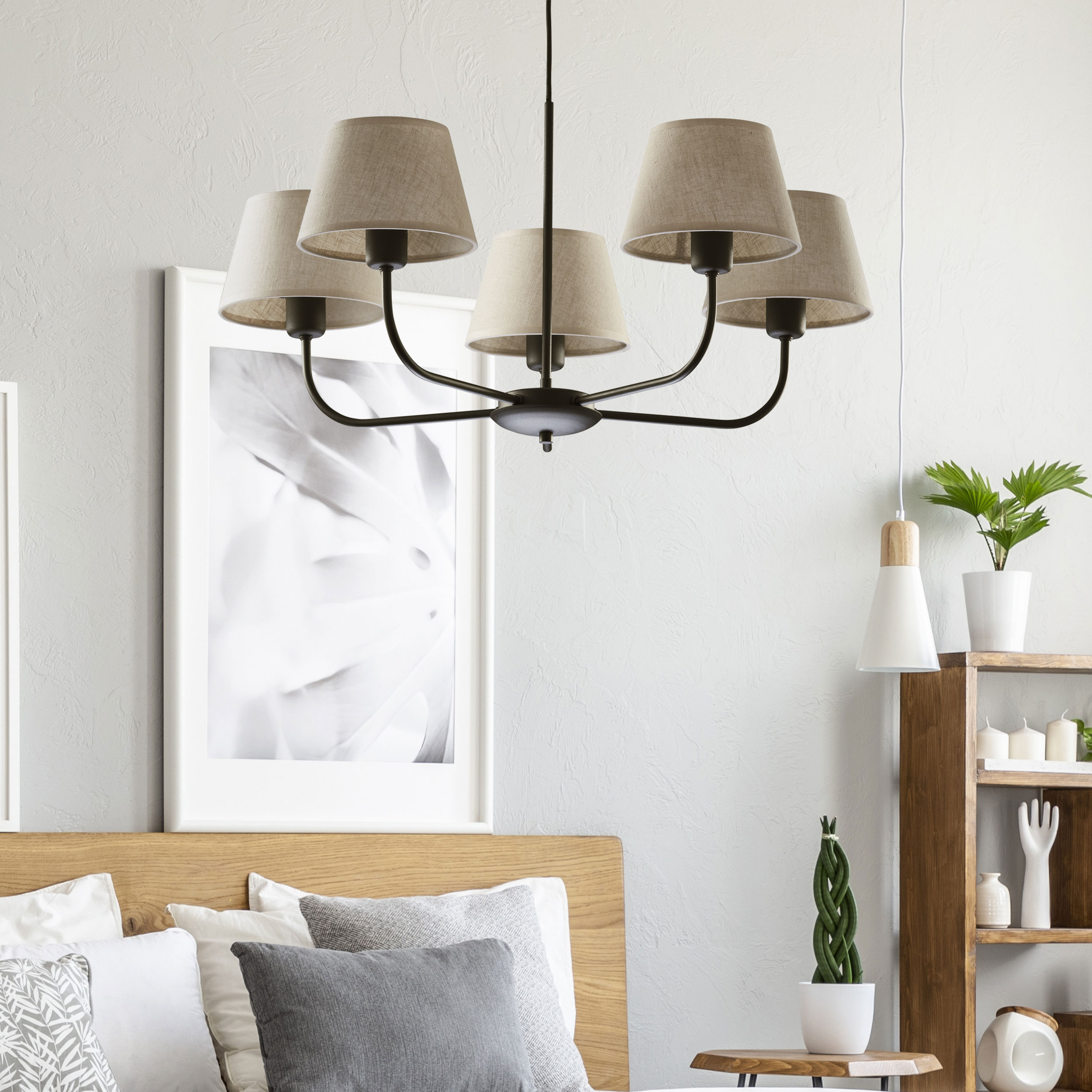 Lampa wisząca CHICAGO czarna z brązowymi kloszami z tkaniny 86x68x65cm - TK_3989