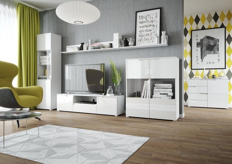 Szafka RTV SELENE 9 dwudrzwiowa z szufladą biały połysk 165x42x39cm - TH-100-0350